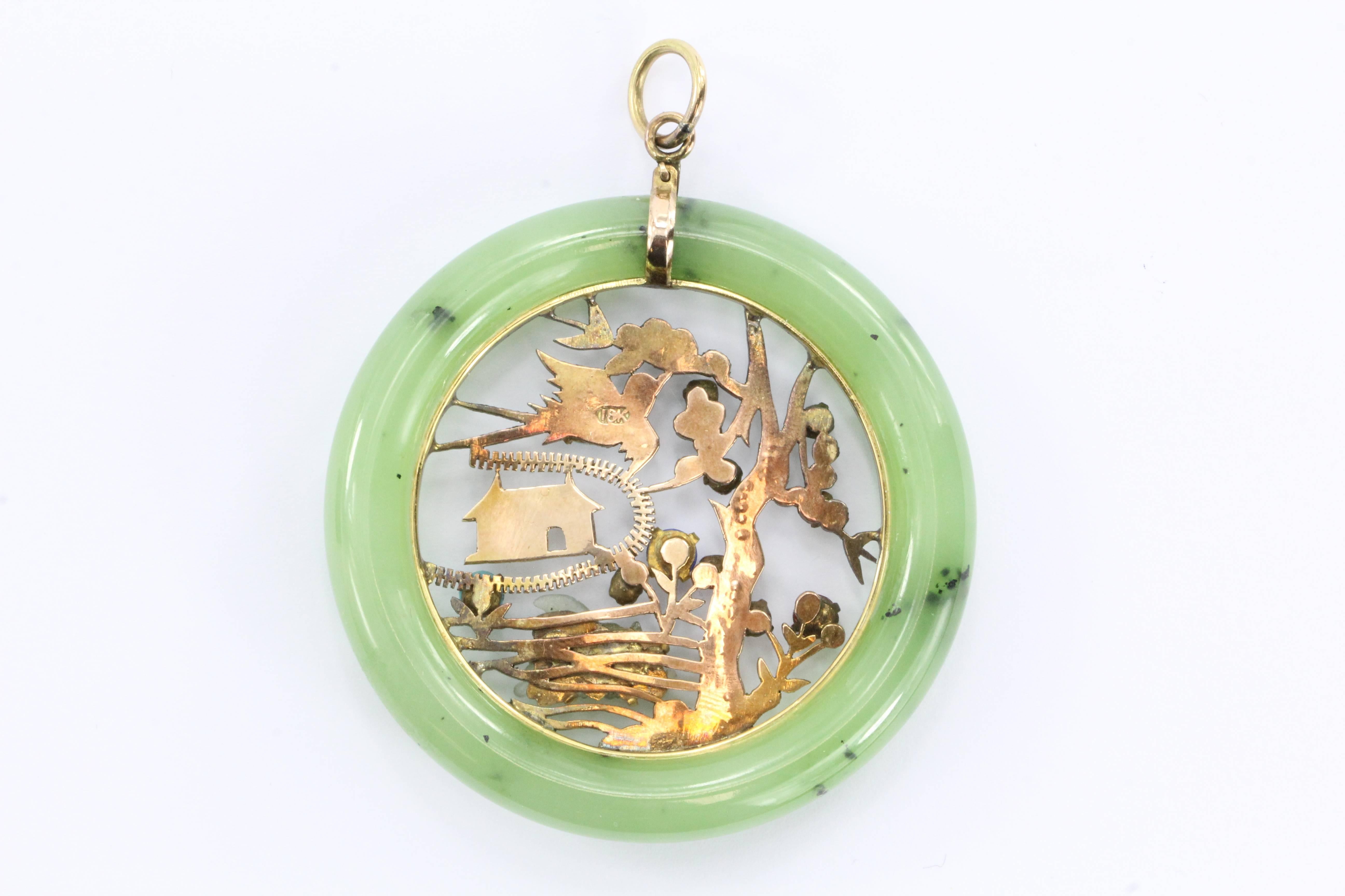 Vintage 18K Gold Chinese Amulet / Pendant w/ Jade, Ruby, Opal, Turquoise etc. The piece is in excellent estate condition and ready to wear. It is hallmarked 18K on the back. The piece was custom made and depicts a small pagoda, a carved jadeite jade