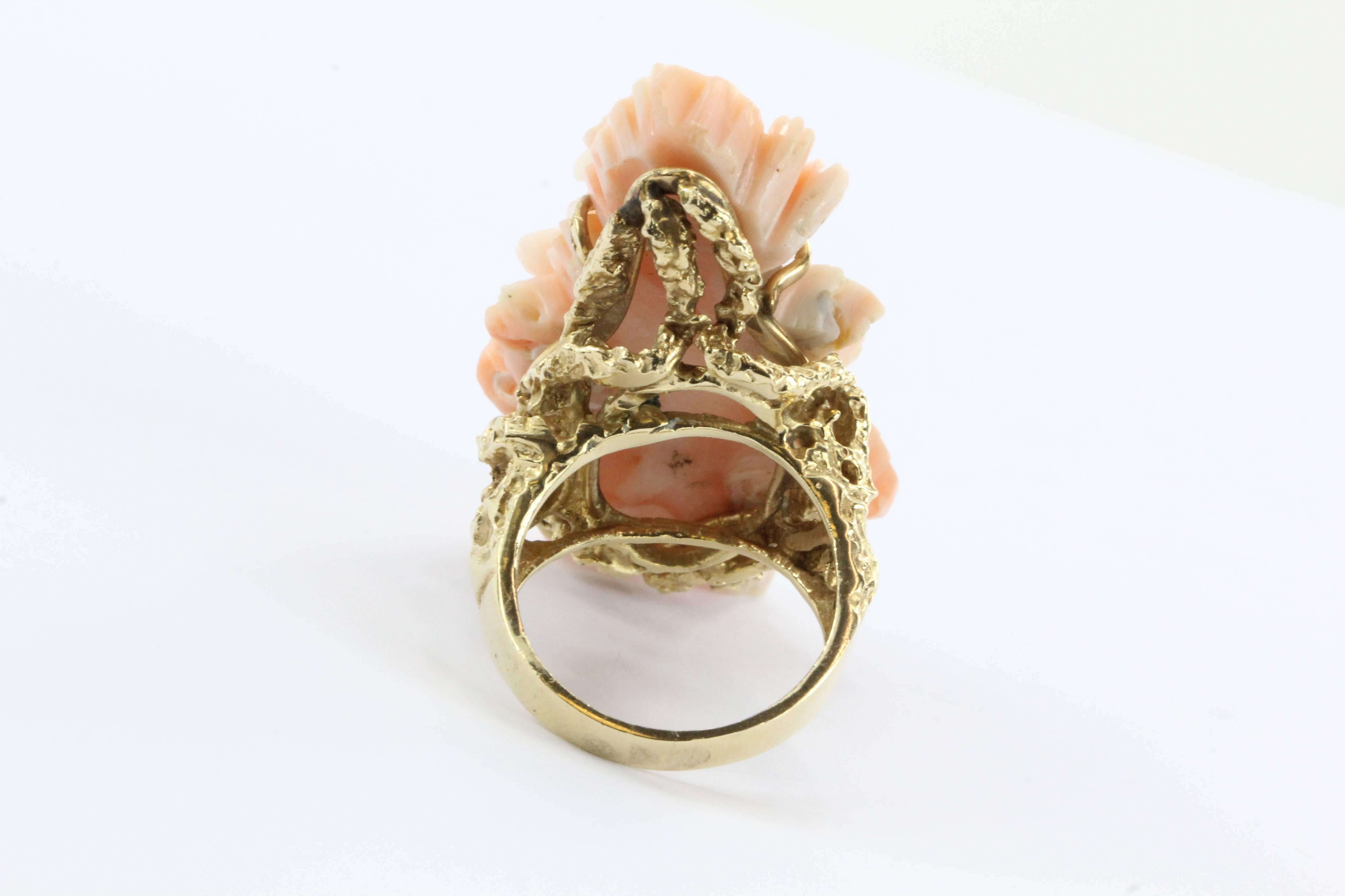 Women's Carved  Angel Skin Coral Cherry Blossom Gold Ring