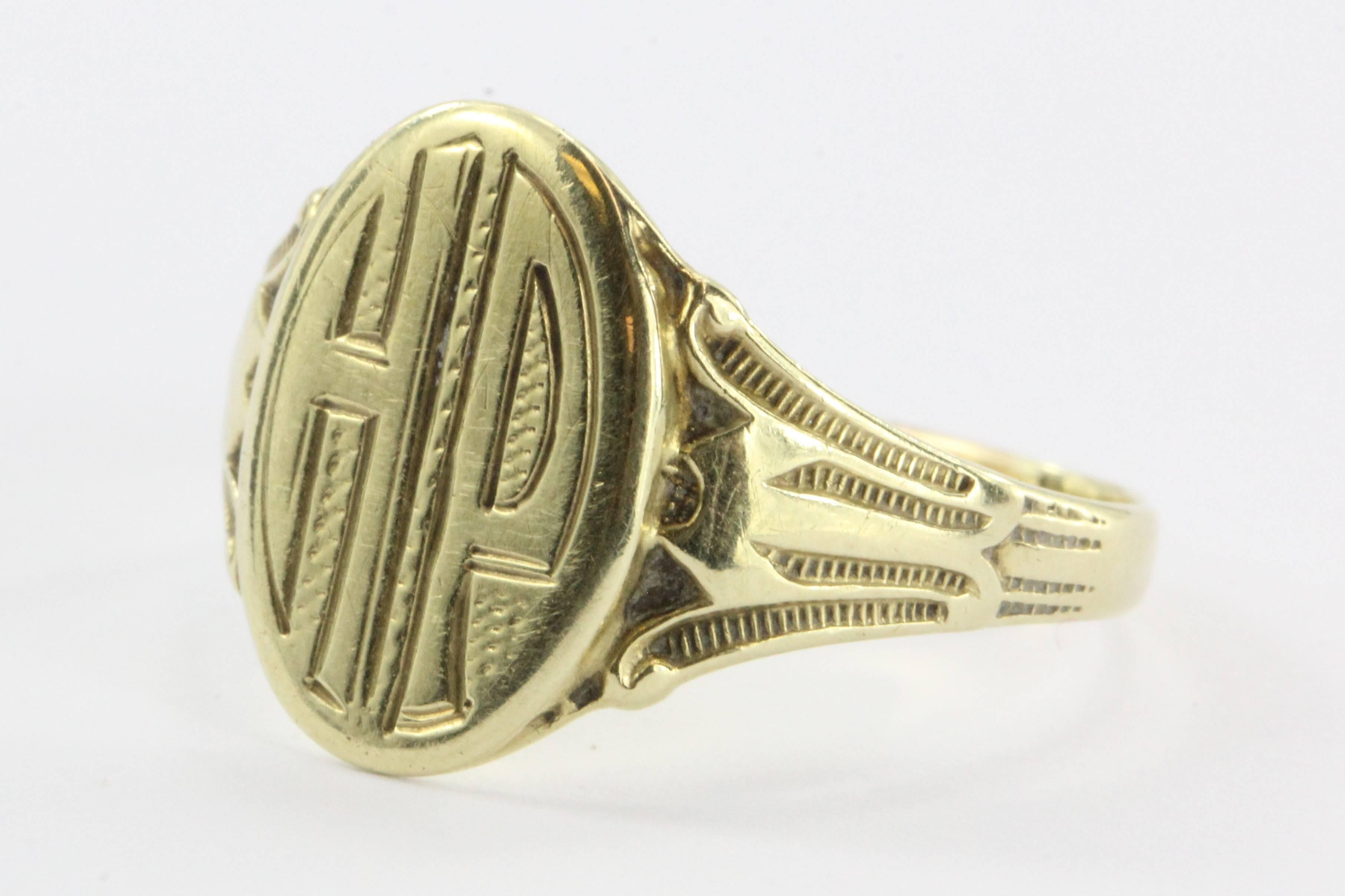 Antique 14K Gold Ostby & Barton Gothic Signet Ring HP. The ring is in excellent estate condition and ready to wear. It is signed 14K O.B.. The front is monogrammed HP. 

The ring is a size 8.5 - 8.75 and weighs a total of 3 grams