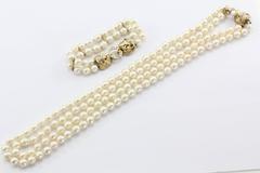 Antique 14K Gold Diamond Ruby Lion Head Double Strand Pearl Necklace & Bracelet