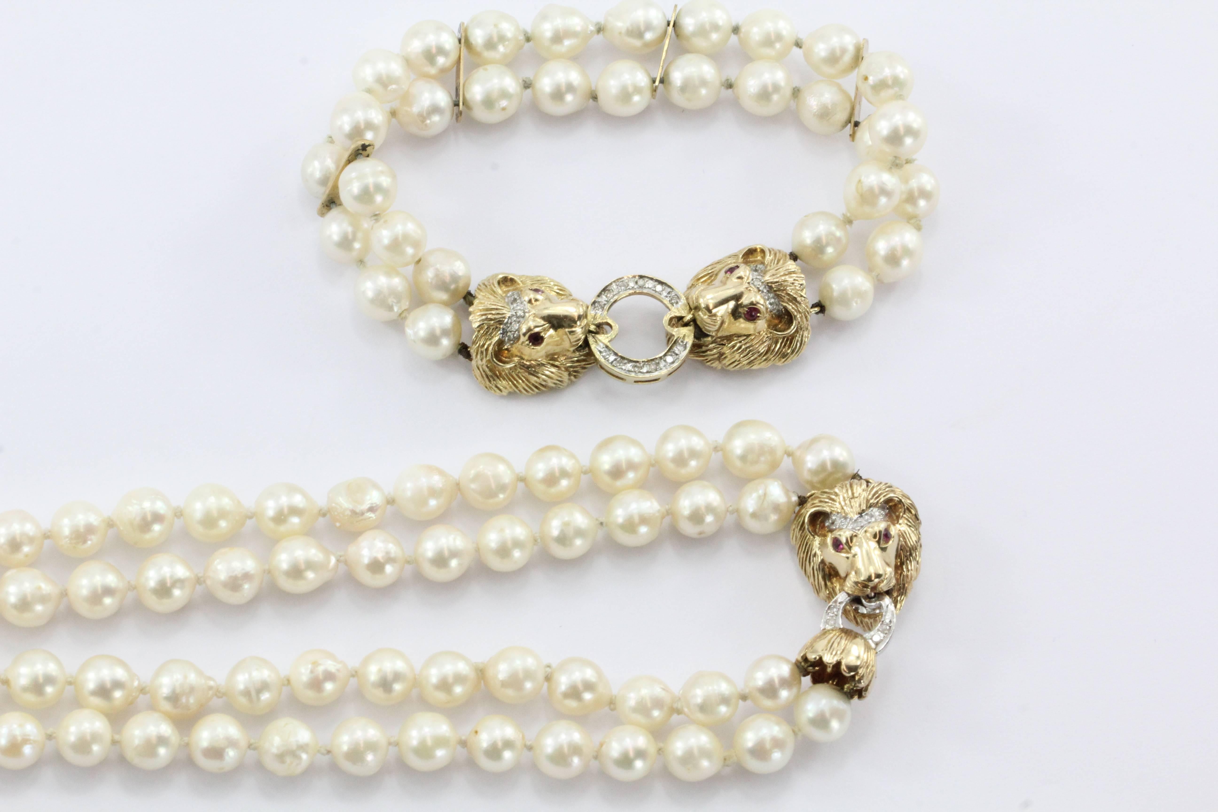 Etruscan Revival Antique 14K Gold Diamond Ruby Lion Head Double Strand Pearl Necklace & Bracelet
