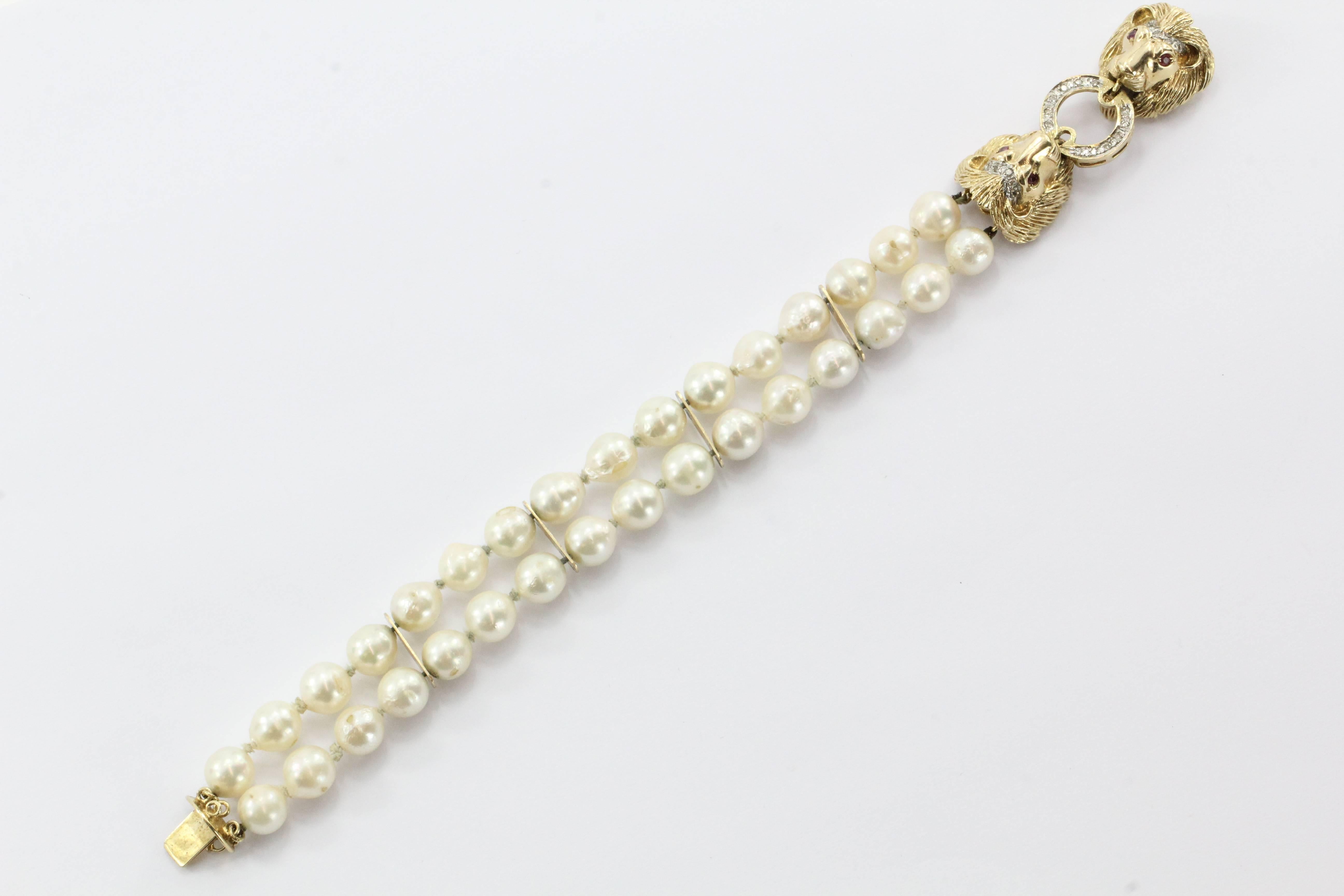 Antique 14K Gold Diamond Ruby Lion Head Double Strand Pearl Necklace & Bracelet In Good Condition In Cape May, NJ