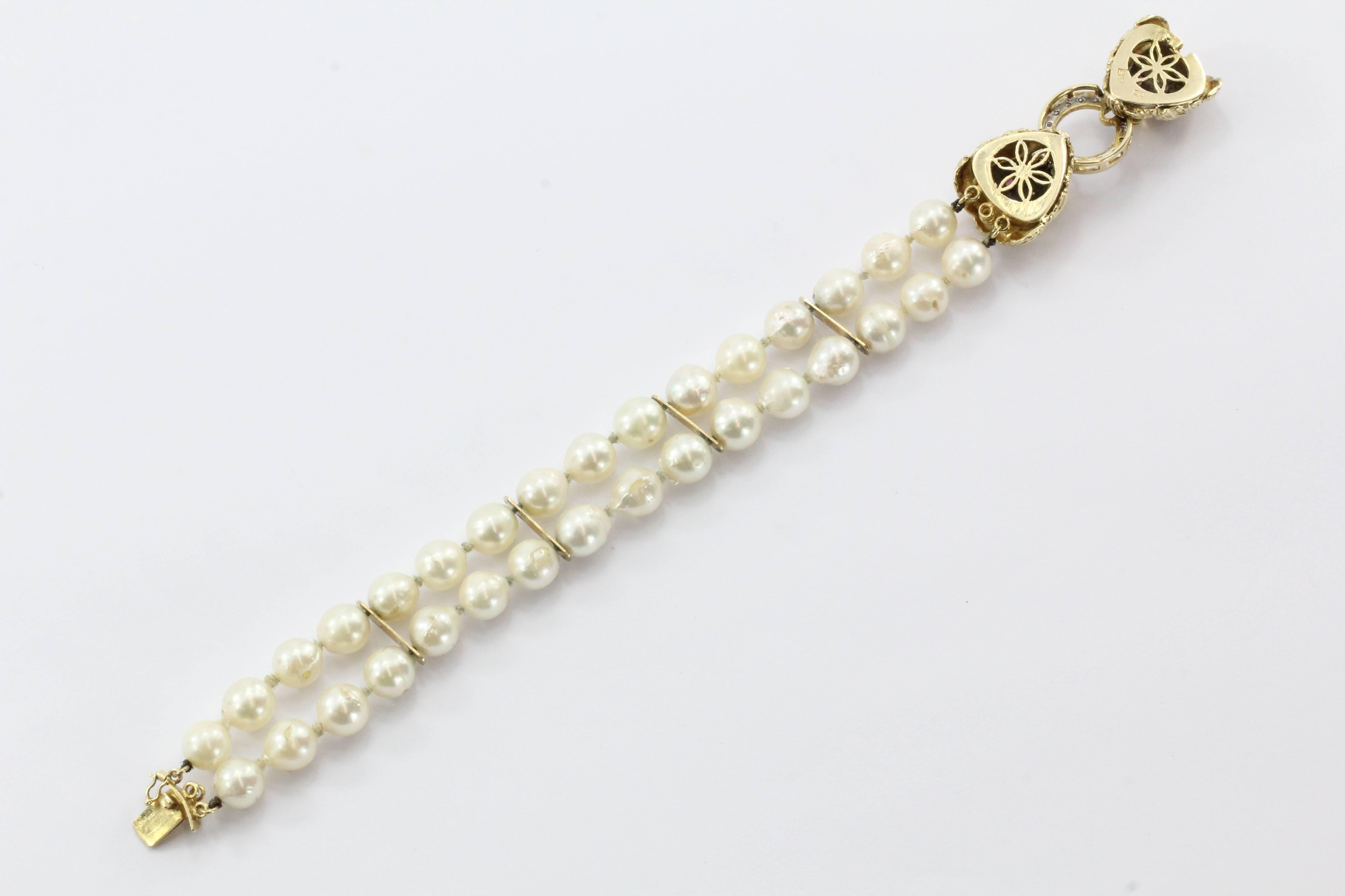 Women's Antique 14K Gold Diamond Ruby Lion Head Double Strand Pearl Necklace & Bracelet