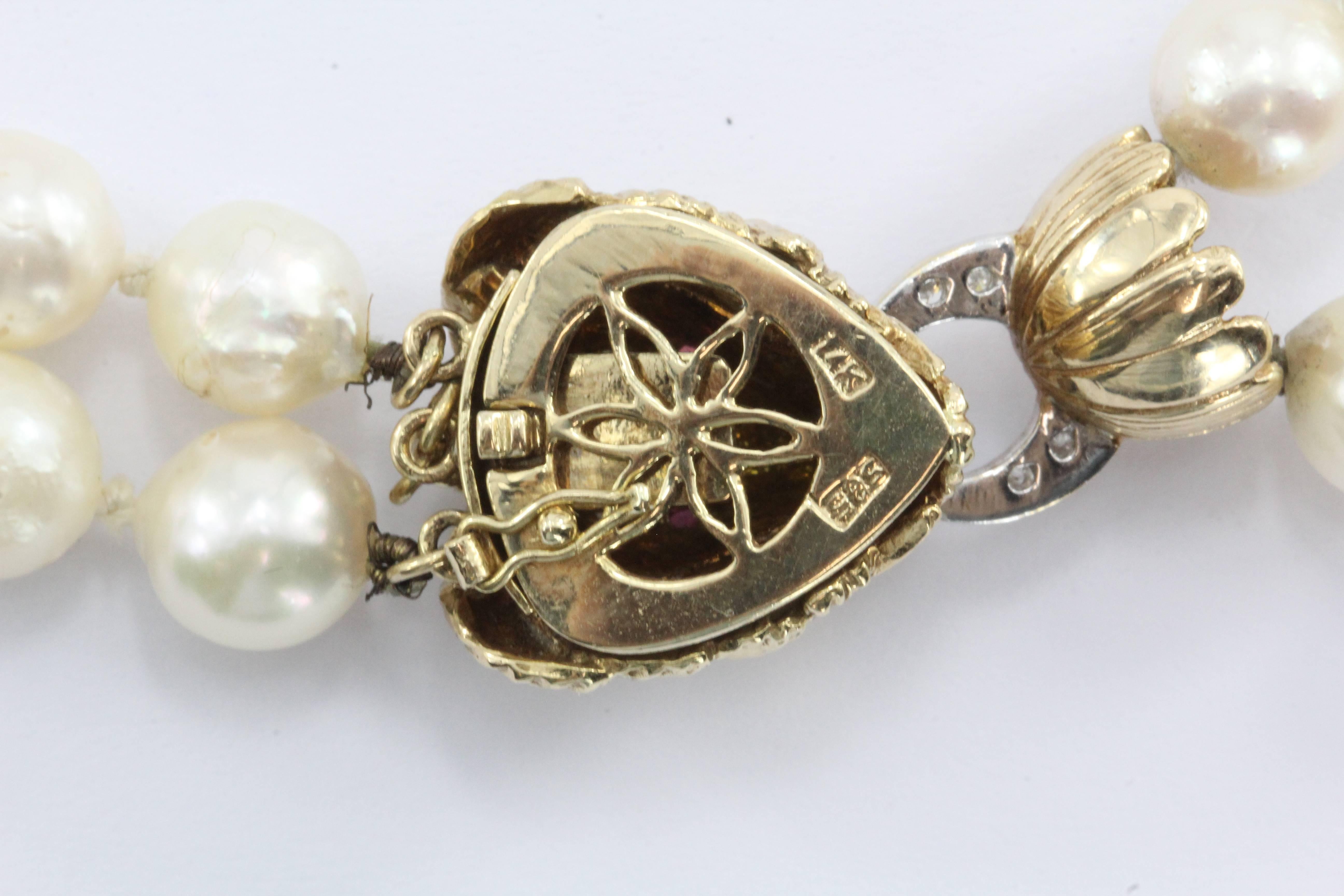 Antique 14K Gold Diamond Ruby Lion Head Double Strand Pearl Necklace & Bracelet 3