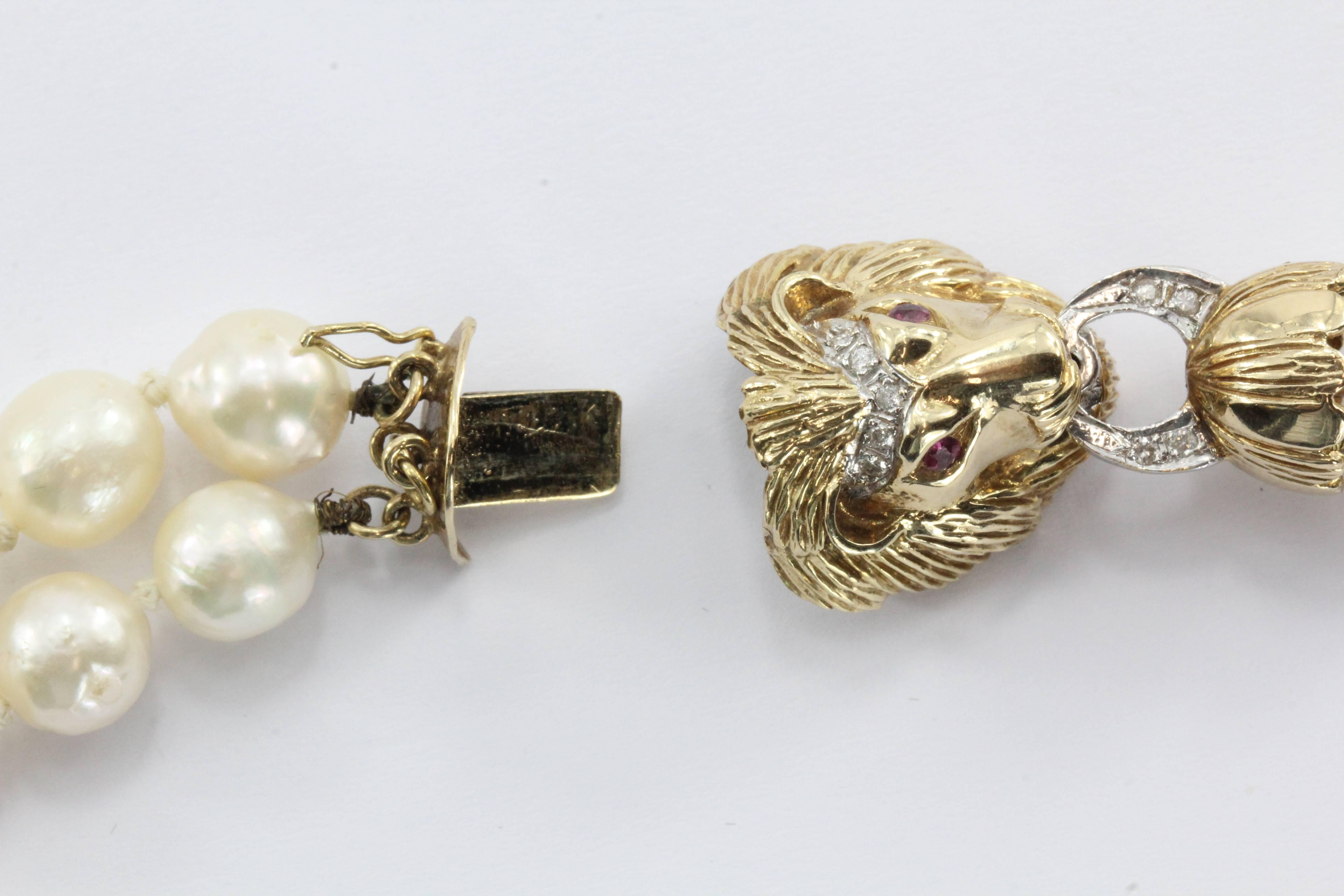 Antique 14K Gold Diamond Ruby Lion Head Double Strand Pearl Necklace & Bracelet 4