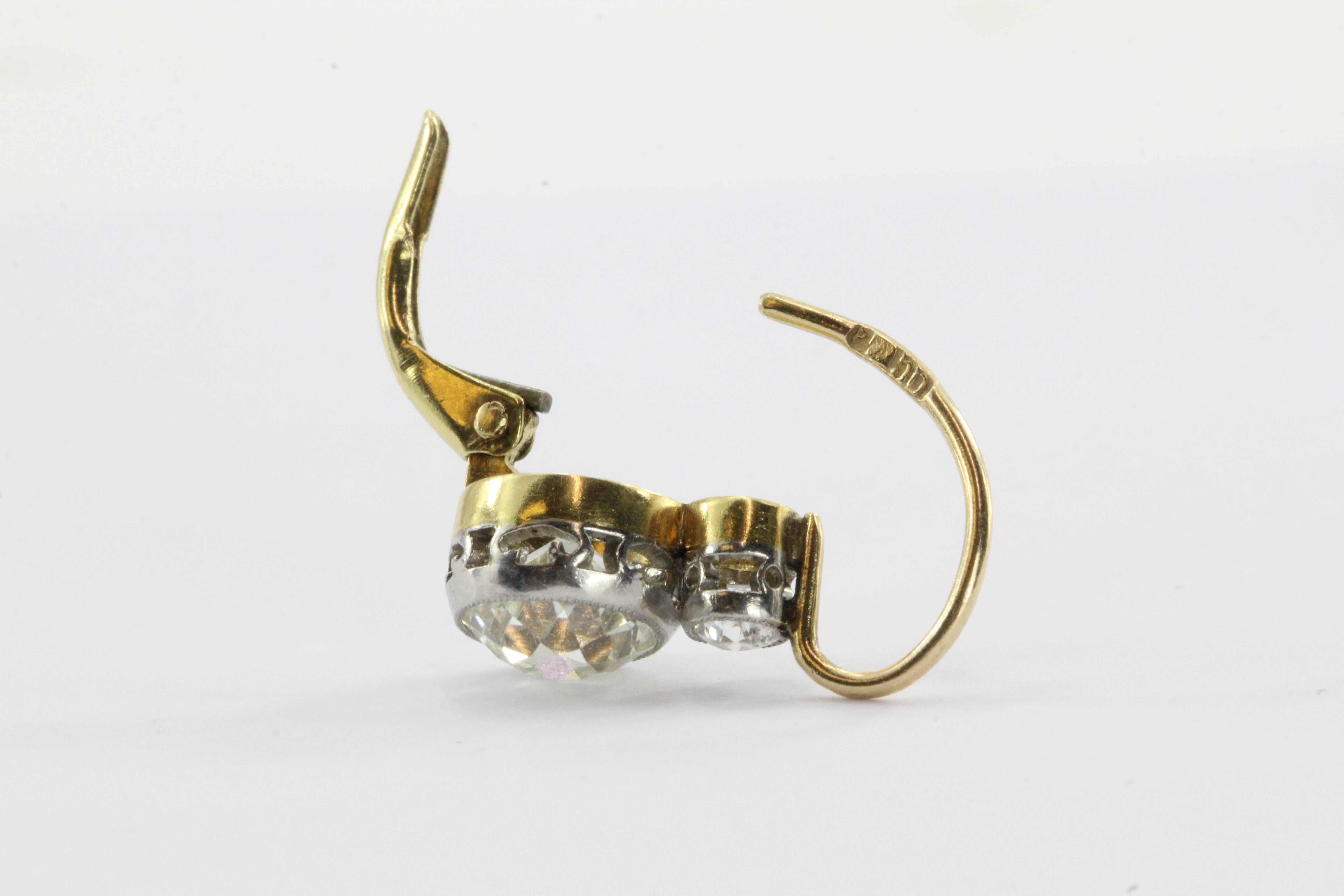 Women's Edwardian Czarist Russian Empire 2.5 Carat Diamond Gold Platinum Top Earrings