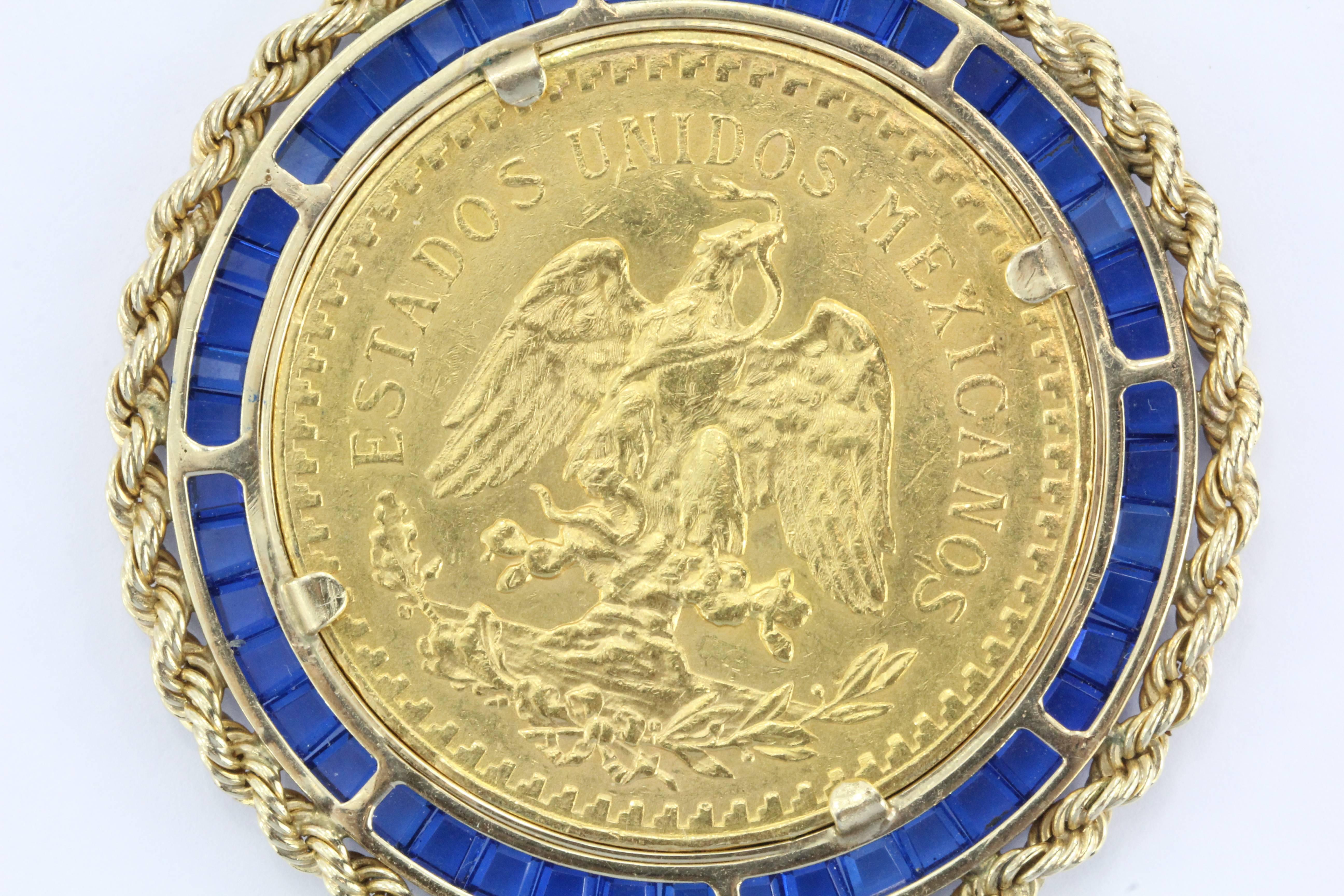 Large 1923 Gold Angel Coin Pendant Set In A Custom Sapphire Gold Bezel In Excellent Condition In Cape May, NJ