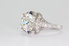 Art Deco 2.25 Carat Old European Diamond Sapphire Platinum Engagement Ring