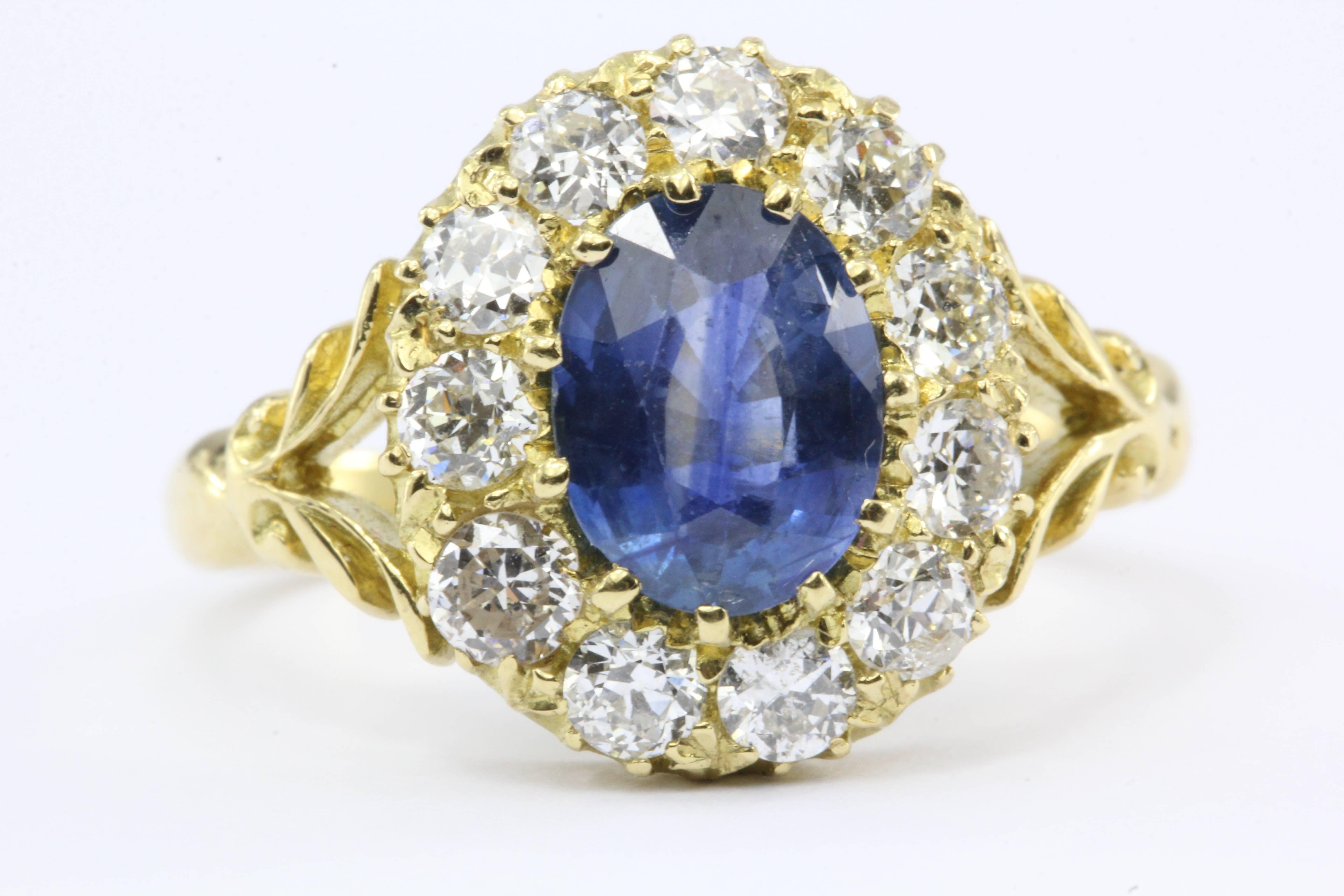 English Natural Burma Sapphire Old European Cut Diamond Ring AGL Certified In Excellent Condition In Cape May, NJ