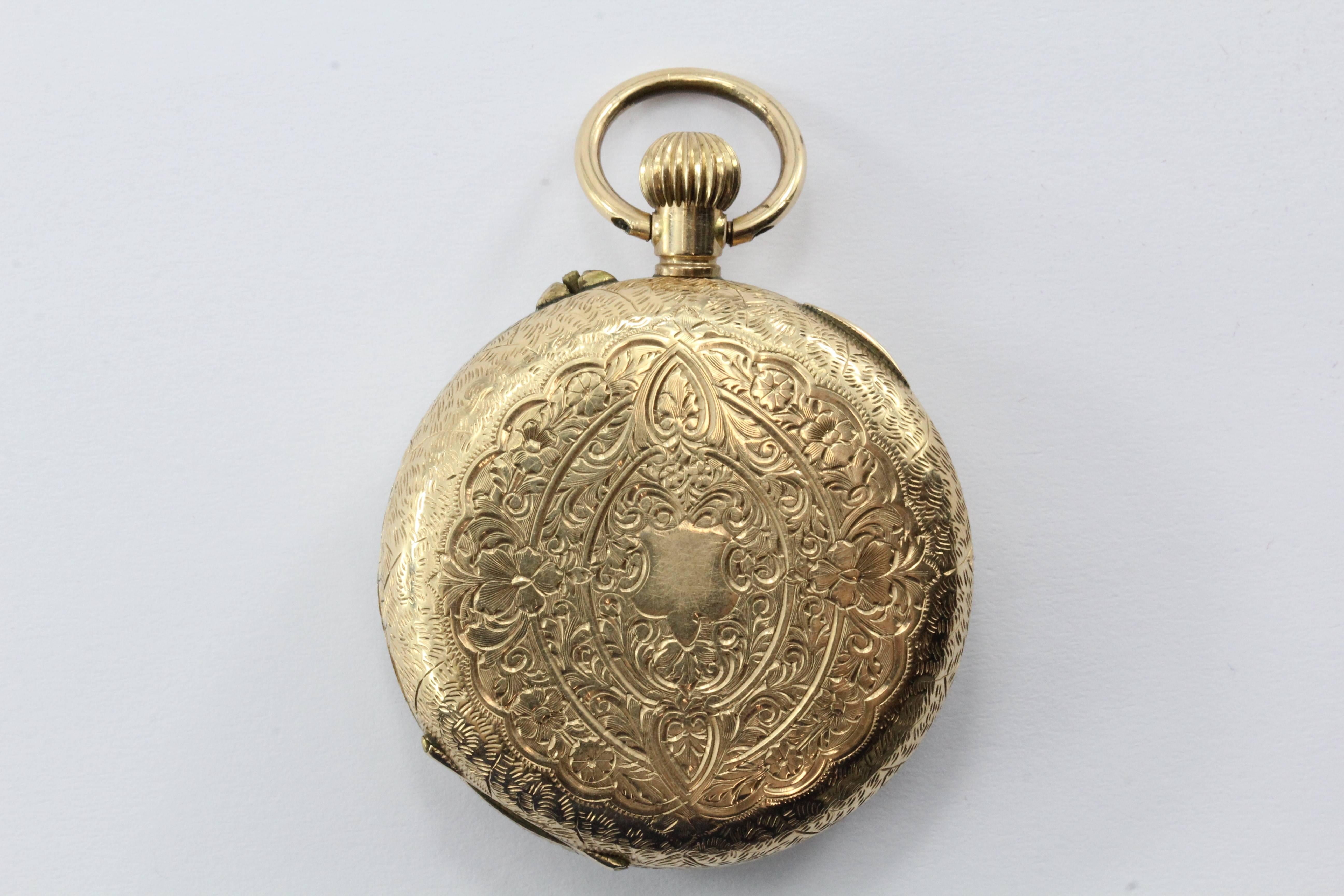 Antique 14K Gold Swiss Gold Enamel Pocket Watch. The watch is in great antique estate condition. The watch is running but requires a slight shake to get running so it should be serviced. The enamel dial is in excellent condition with no cracks or