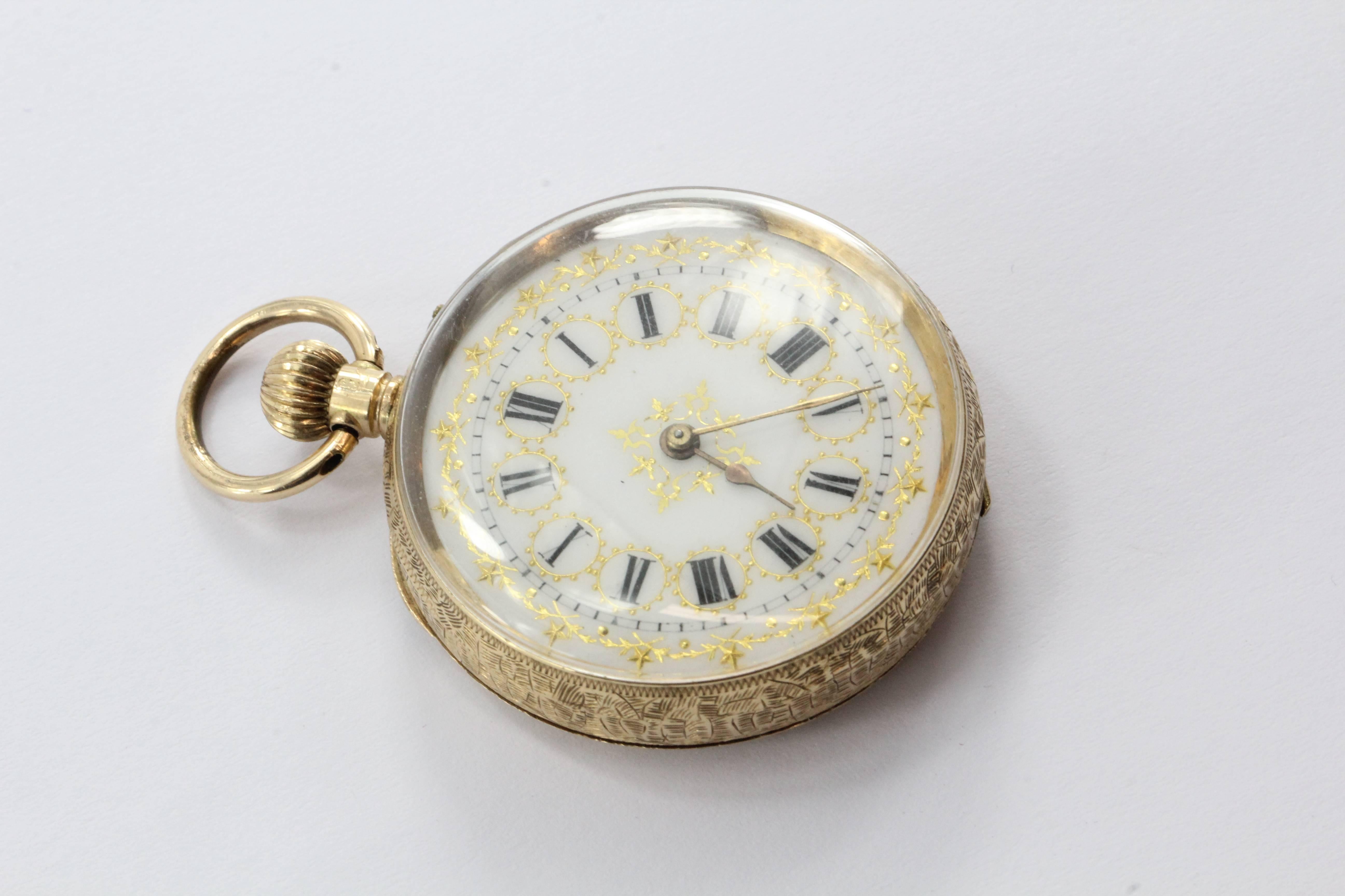 Victorian 14K Gold Swiss La Chaux-de-Fonds Hand Painted Enamel Pocket Watch Circa 1900 For Sale