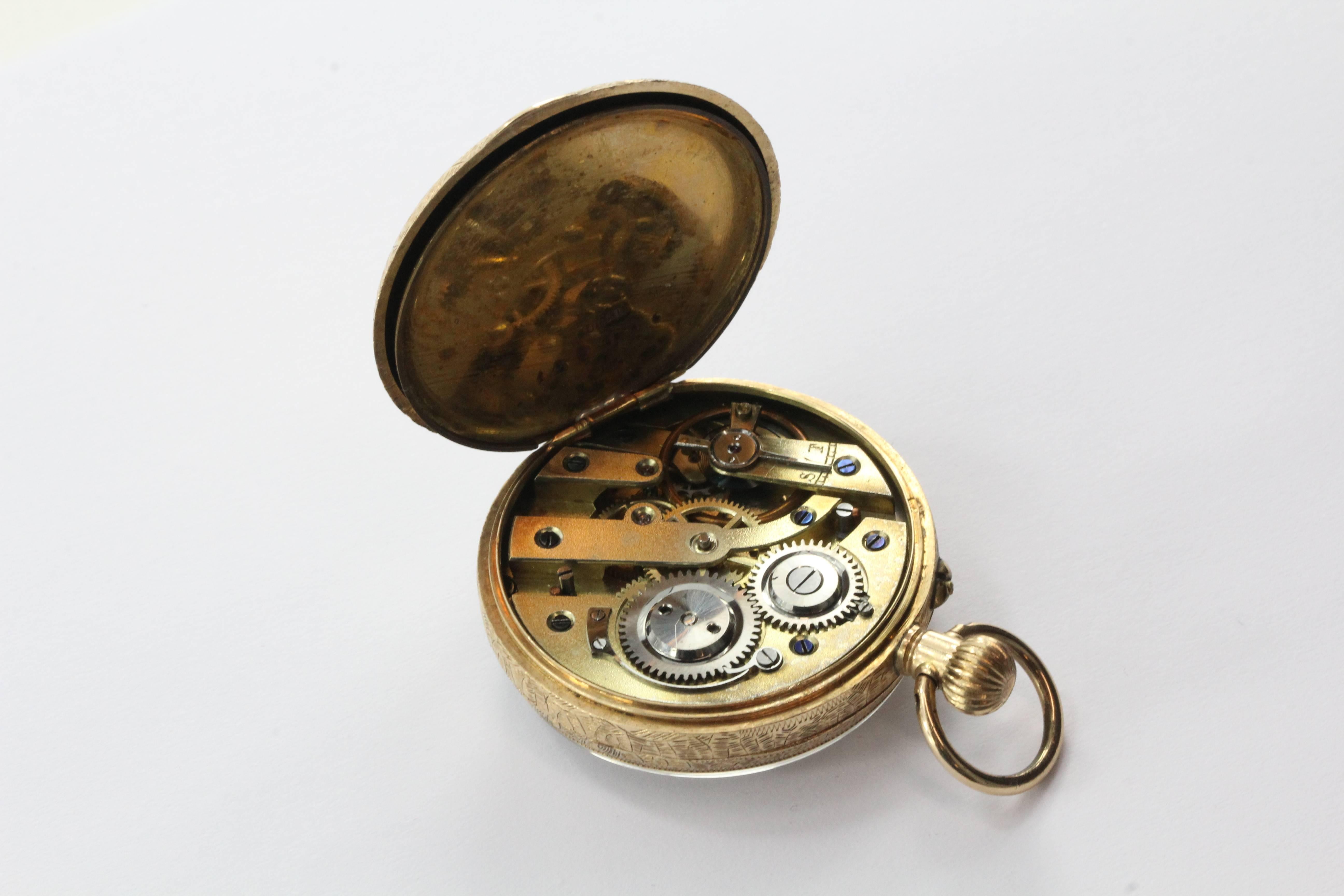 14K Gold Swiss La Chaux-de-Fonds Hand Painted Enamel Pocket Watch Circa 1900 For Sale 1