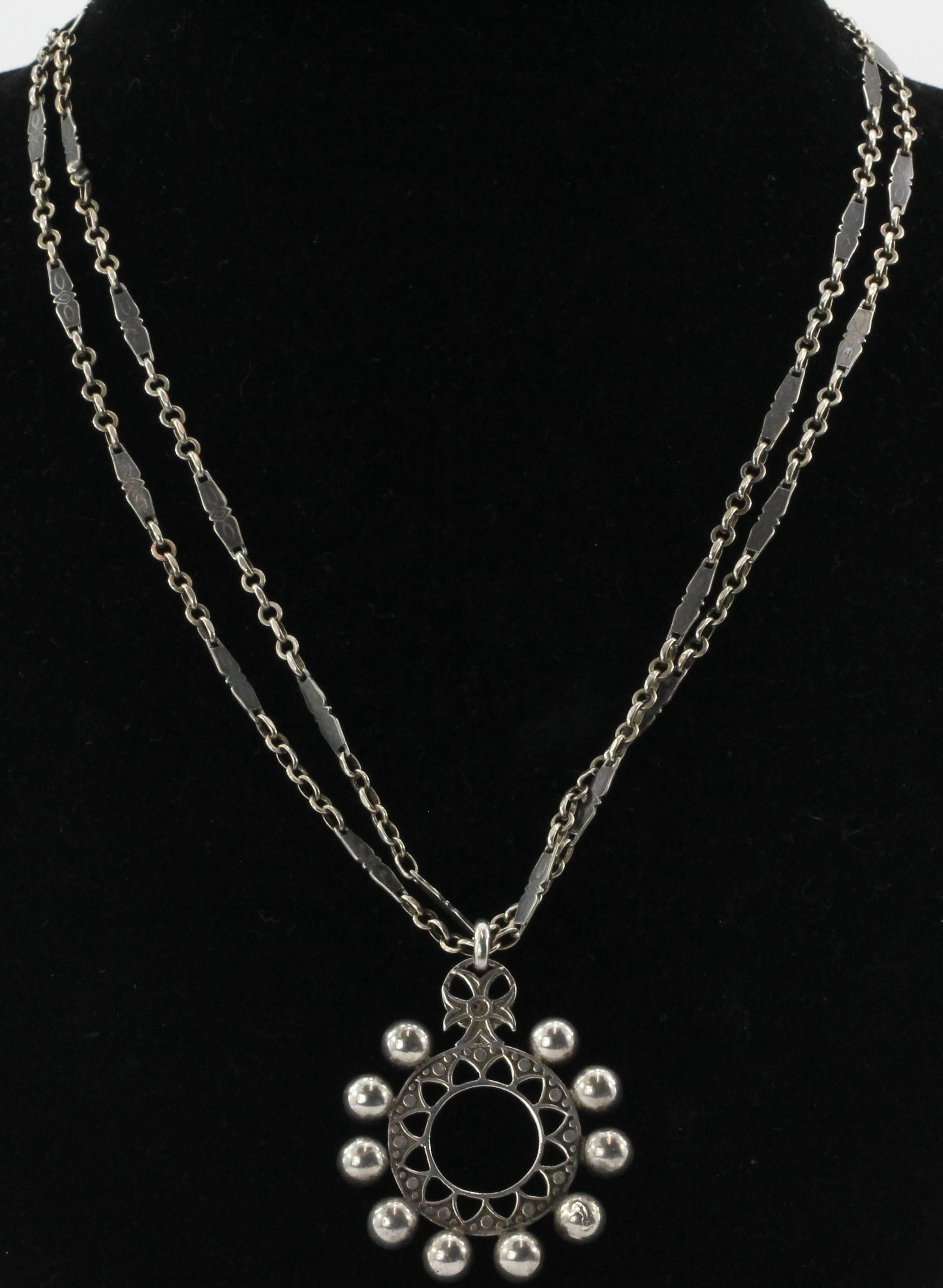 Antique French Gothic Arts & Crafts 800 Silver Necklace Circa 1880's. The piece is in excellent estate condition and ready to wear. The necklace is marked 800 and the back of the pendant is signed with a French makers mark CP with a cross between