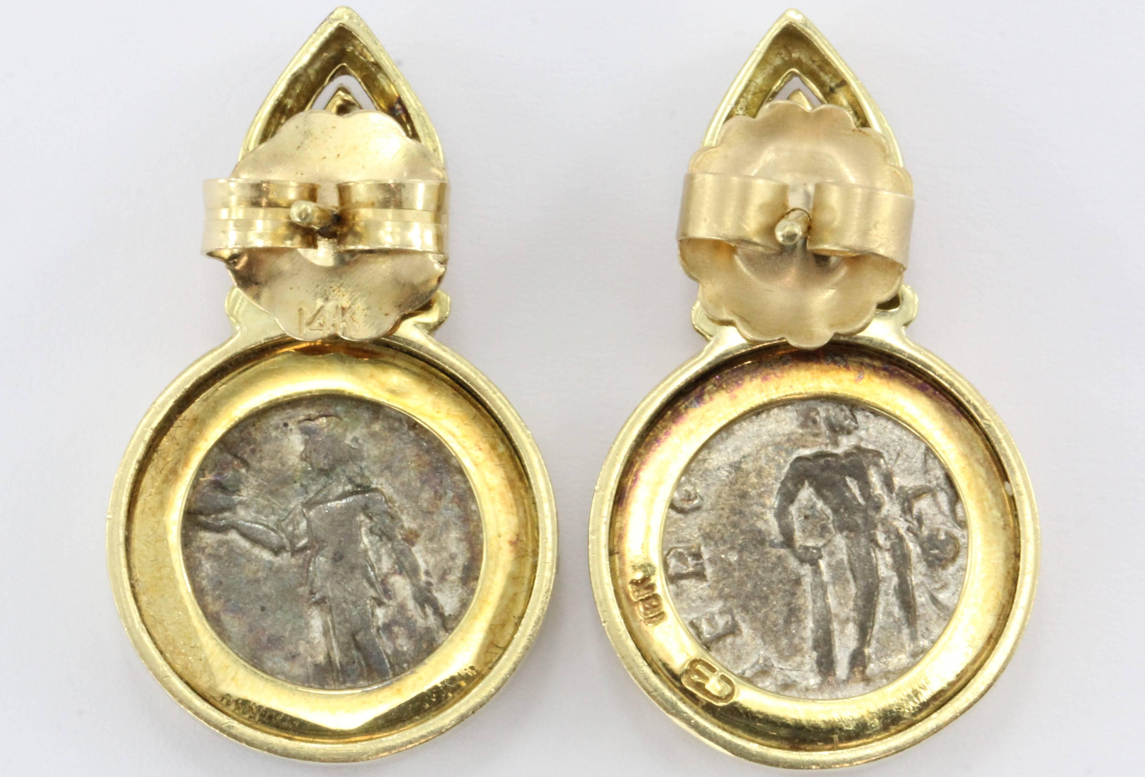 Ruby Gold Roman Silver Denarius Coin Earrings In Excellent Condition In Cape May, NJ
