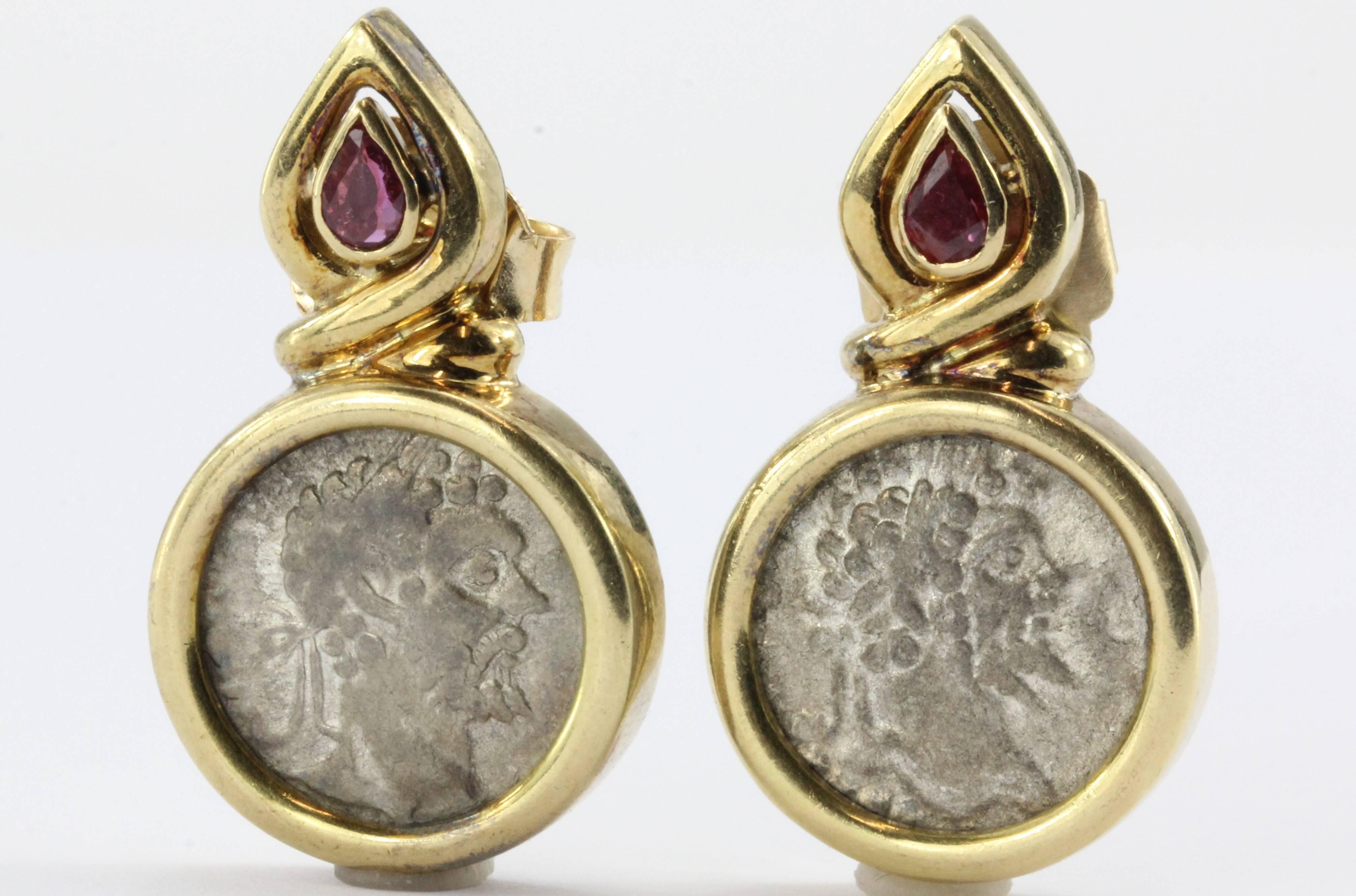 Women's Ruby Gold Roman Silver Denarius Coin Earrings