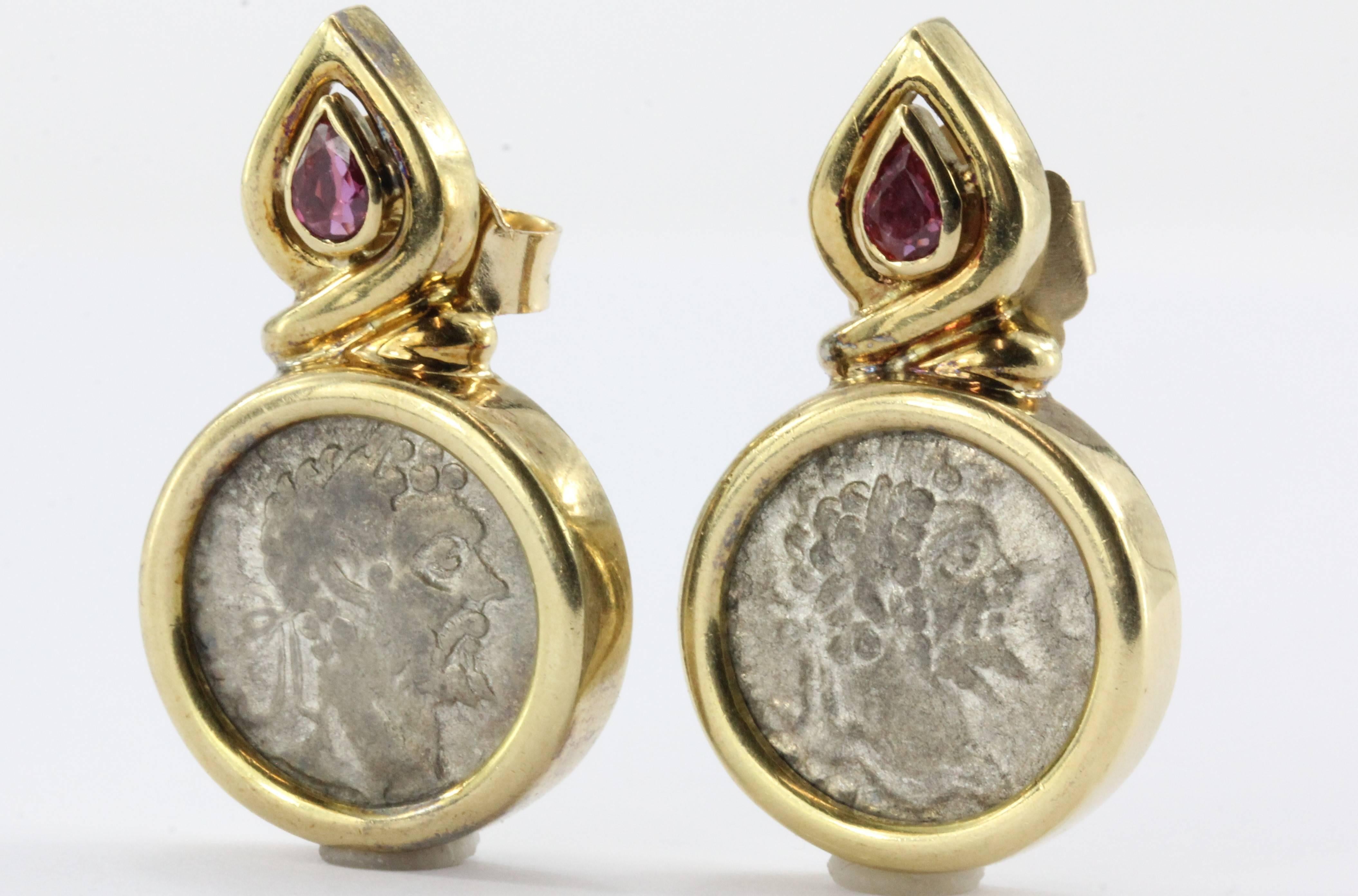 Ruby Gold Roman Silver Denarius Coin Earrings 1
