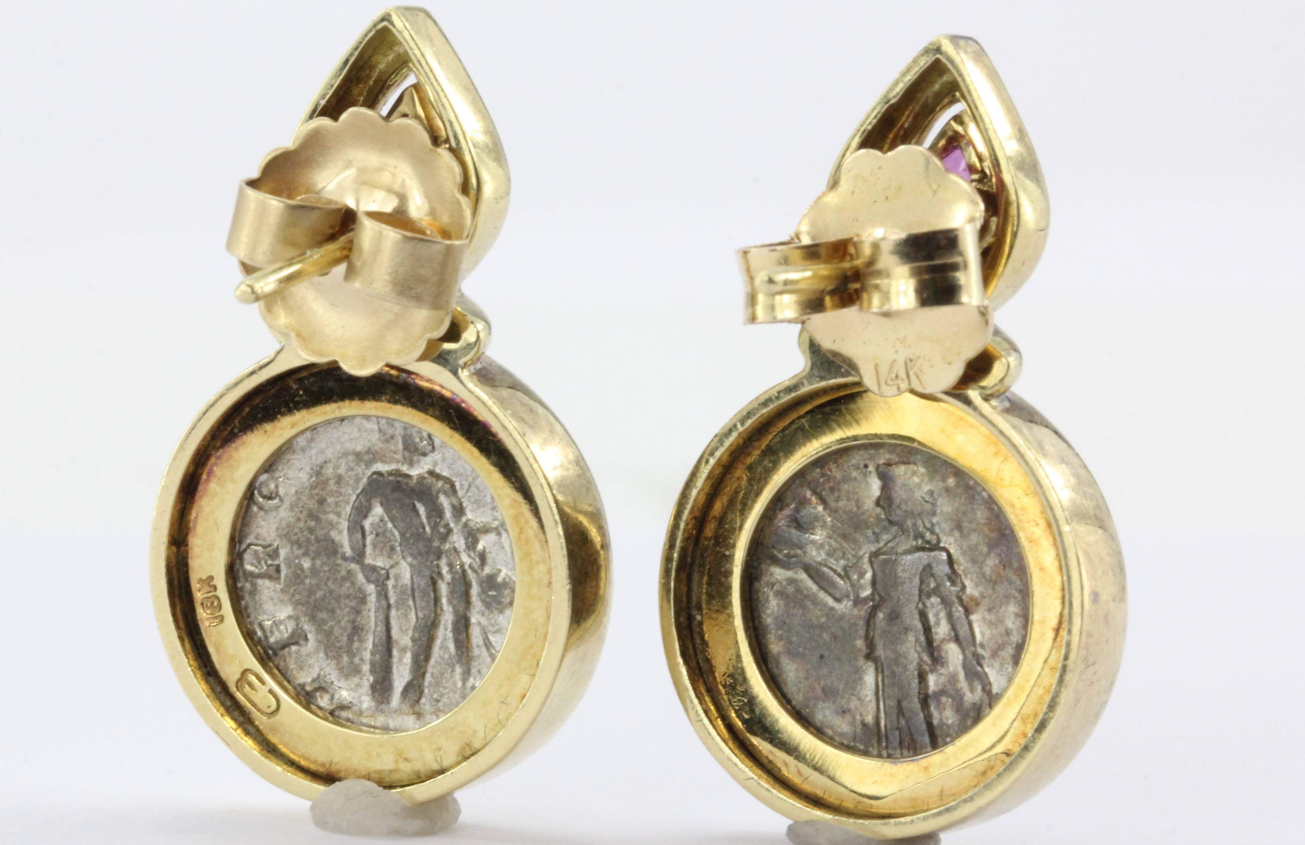 Ruby Gold Roman Silver Denarius Coin Earrings 2