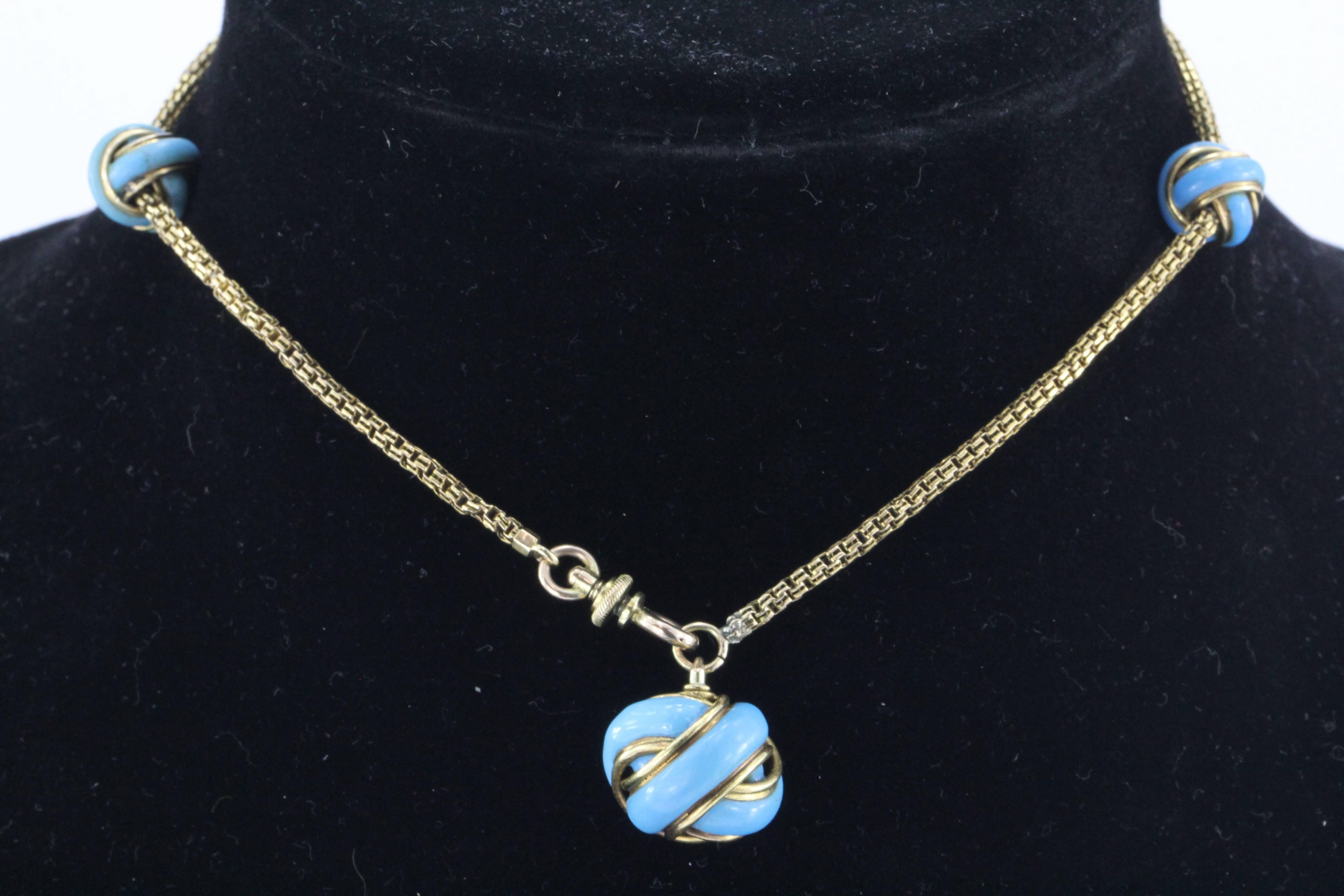 Antique 18K Gold & Turquoise Enamel Watch Chain Conversion Necklace / Bracelet. The piece is in excellent estate condition and ready to wear. There are a few minor nicks to the enamel that are only noticeable upon close examination but there are NO