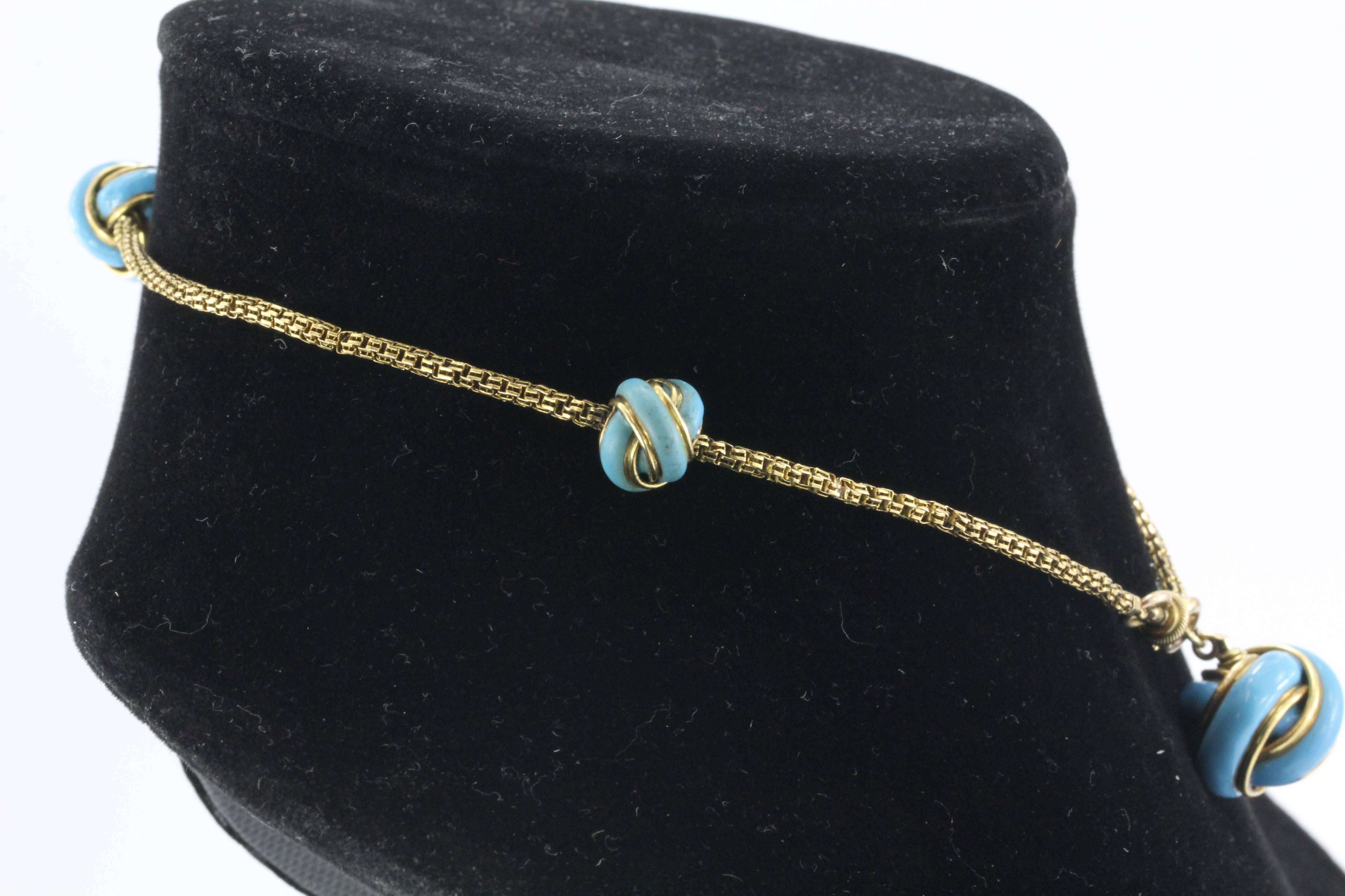 18K Gold Turquoise Enamel Watch Chain Conversion Necklace / Bracelet Circa 1930 1