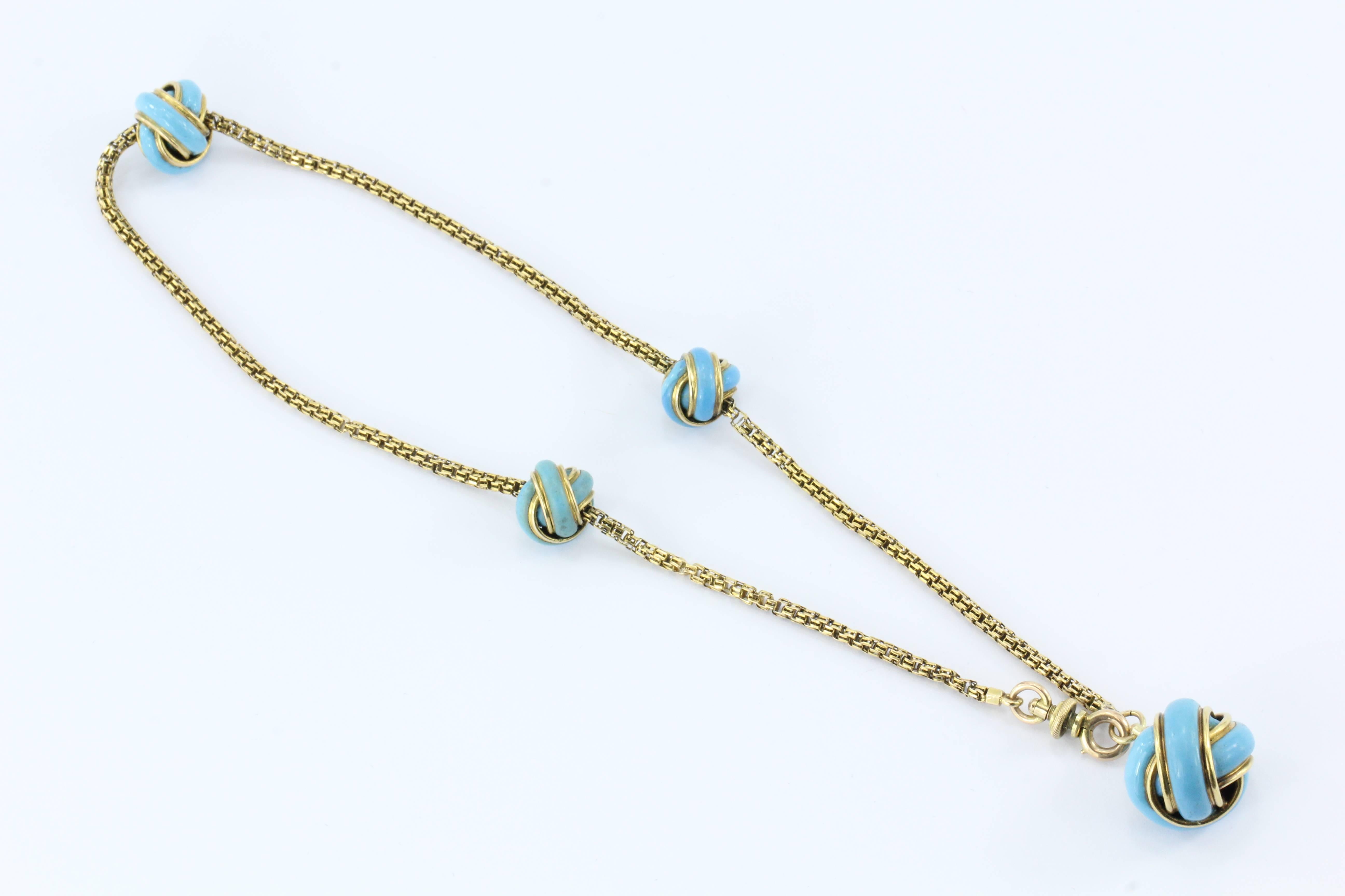 18K Gold Turquoise Enamel Watch Chain Conversion Necklace / Bracelet Circa 1930 2