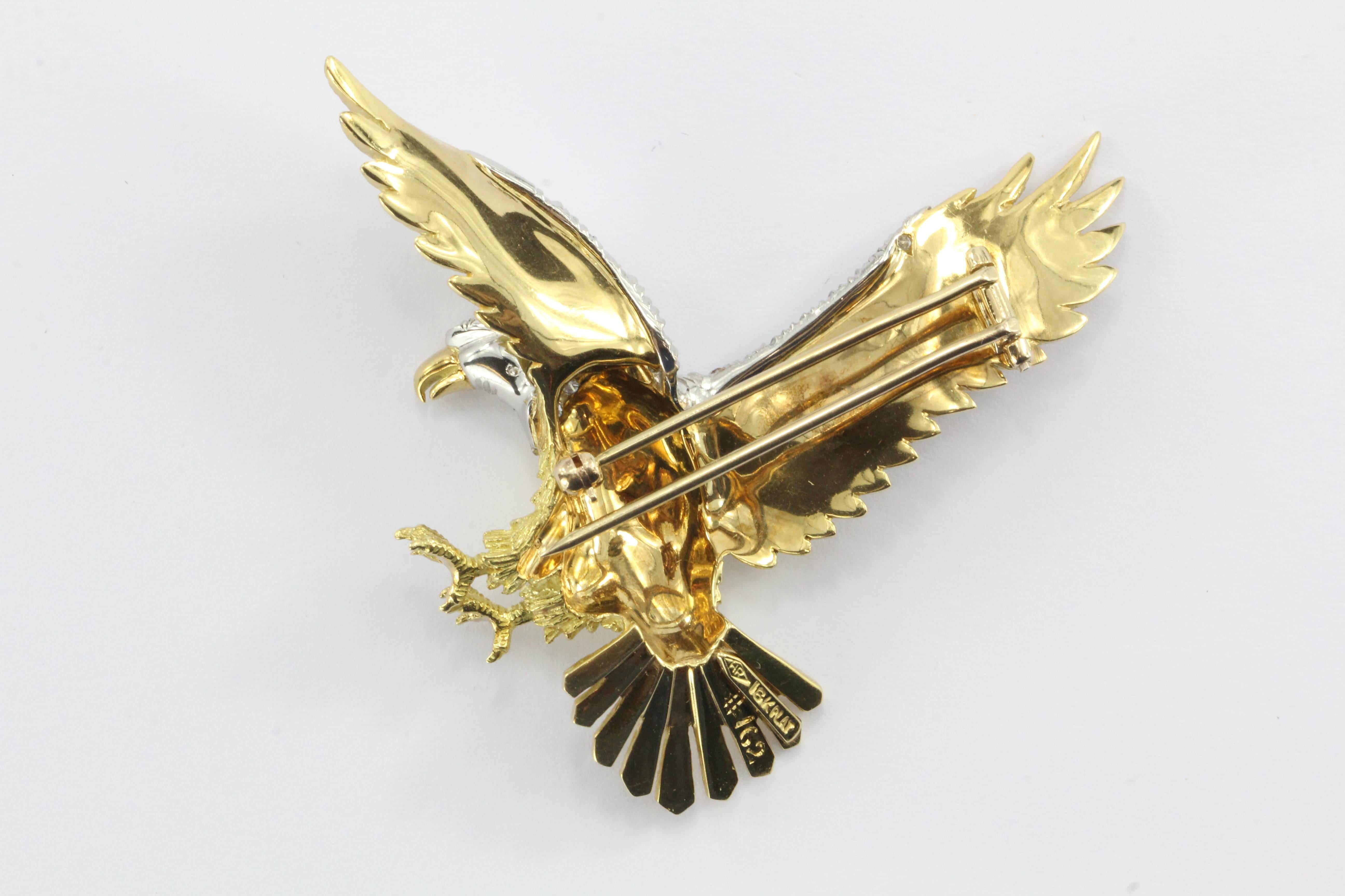 Herbert Rosenthal American Bald Eagle 18K Gold Platinum Diamond Brooch Pin. The piece is in excellent estate condition and ready to wear. It is signed with Herbert Rosenthal's makers mark of HR in side a 4 sided diamond as well as 18K PLAT #162.