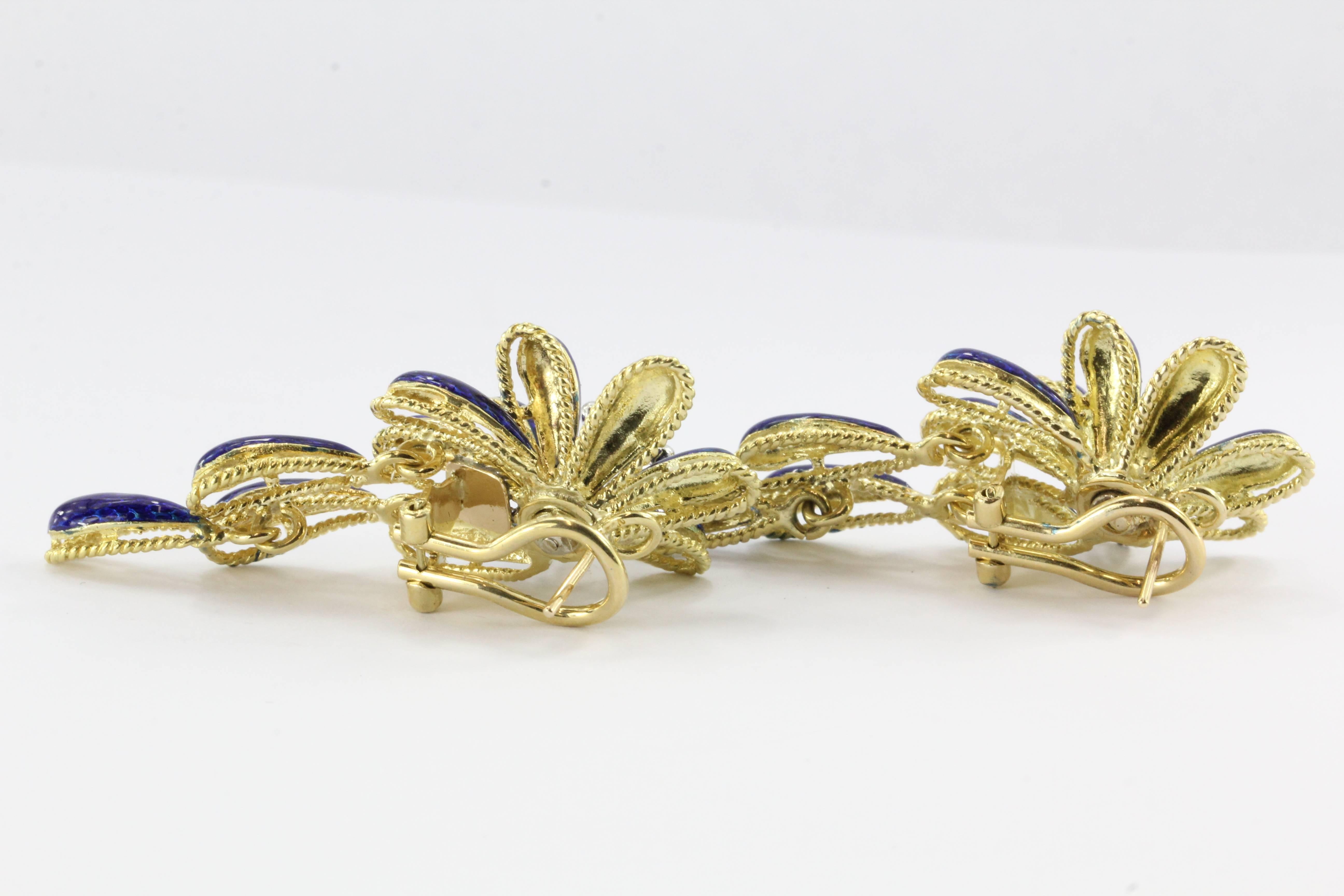 Women's Mid Century Italian Blue Enamel Diamond Gold Drop Flower Earrings
