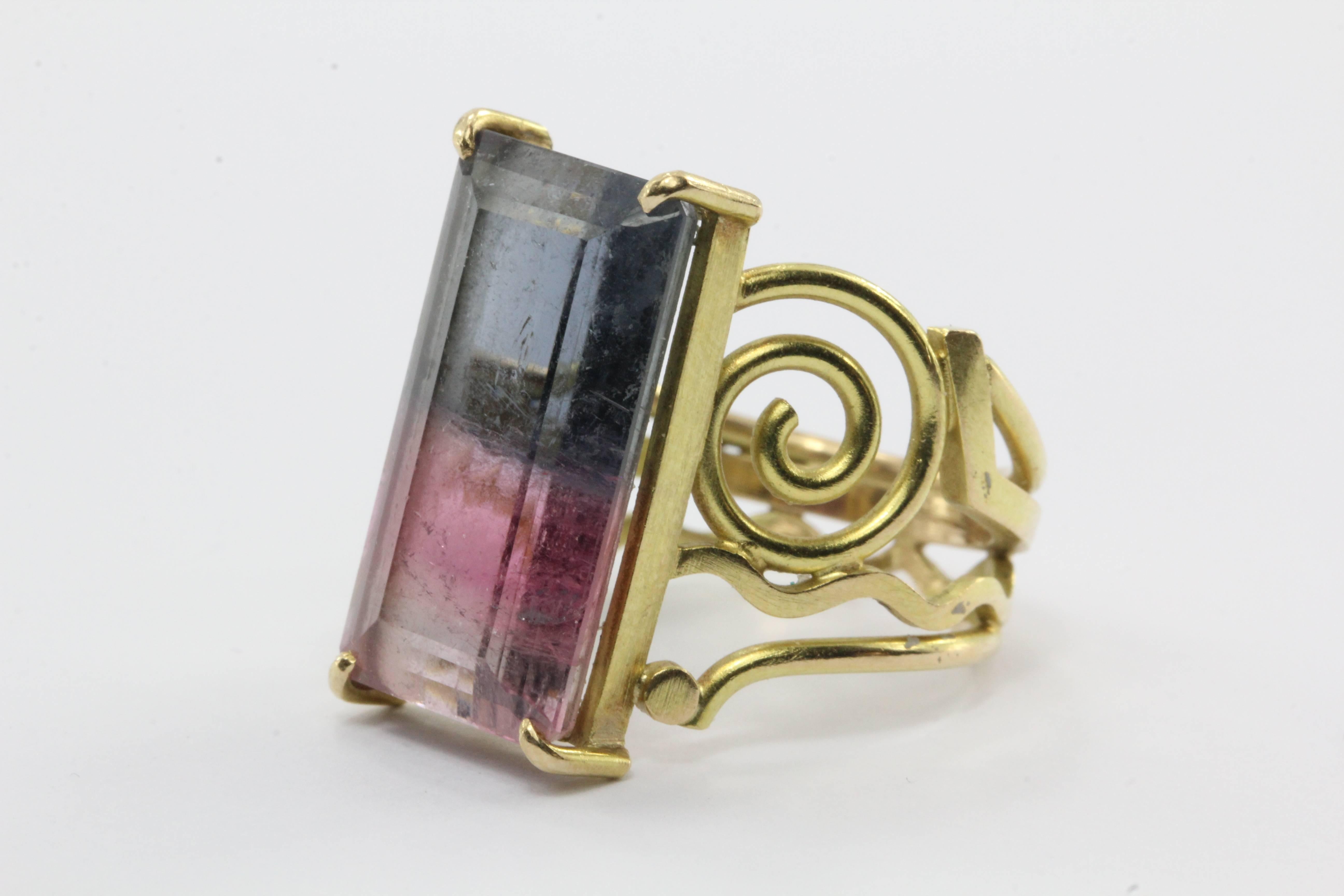 14K Gold Large Post Modern Memphis PoMo Pink & Purple Watermelon Tourmaline Ring. The ring is in great used estate condition and ready to wear. It has a few small chips to the stone though. The tourmaline is half pink and half purple. The piece