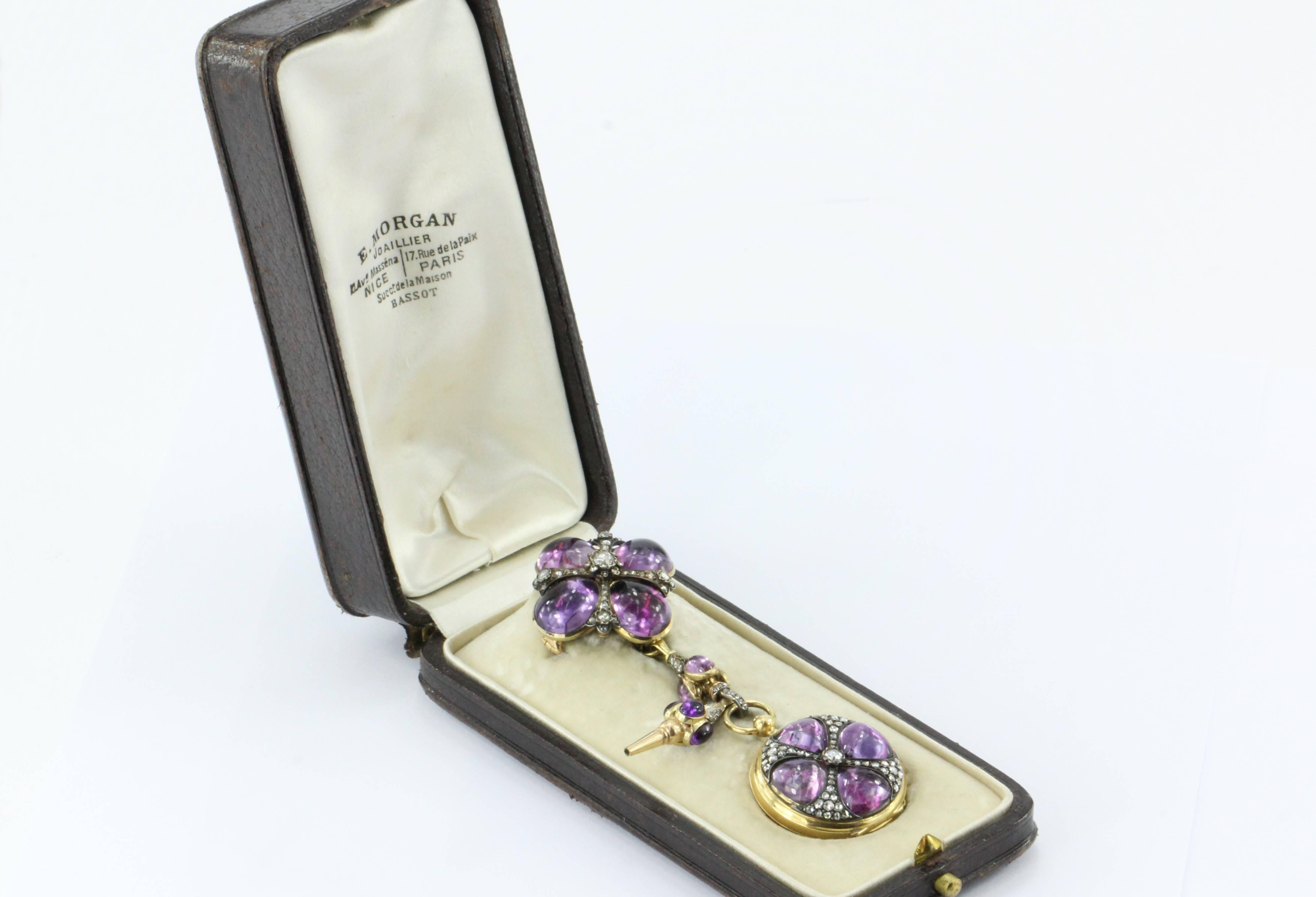 Antique French Gothic Revival 18K Gold, Amethyst & Diamond Pocket Watch. The dial is perfect condition. The watch movement is Swiss. The case is hallmarked with the French 750 18K gold eagle head and the Chimera mark for imported 18K gold watches.