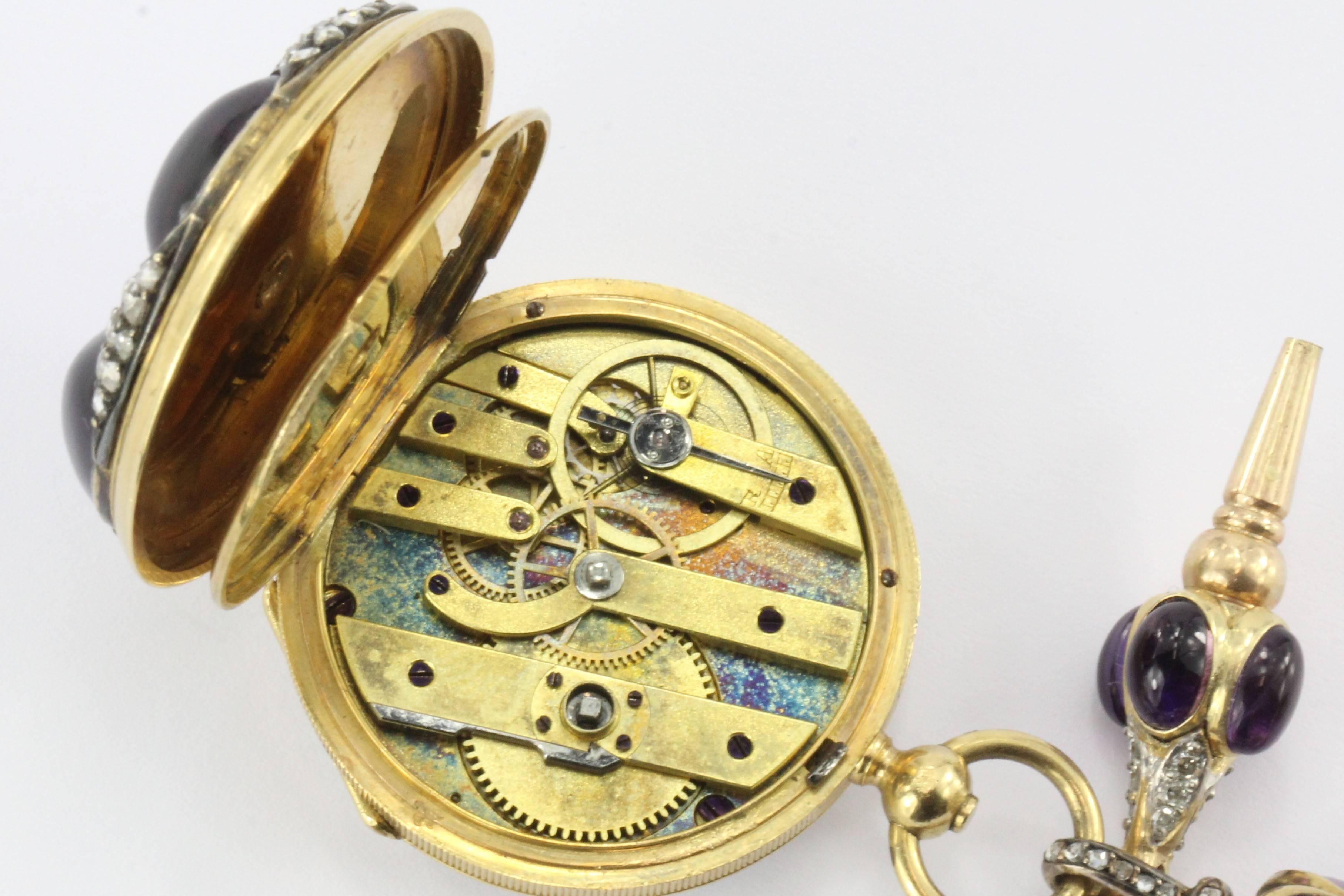 French Gothic Revival Amethyst Rose Cut Diamond Gold Pocket Watch 1