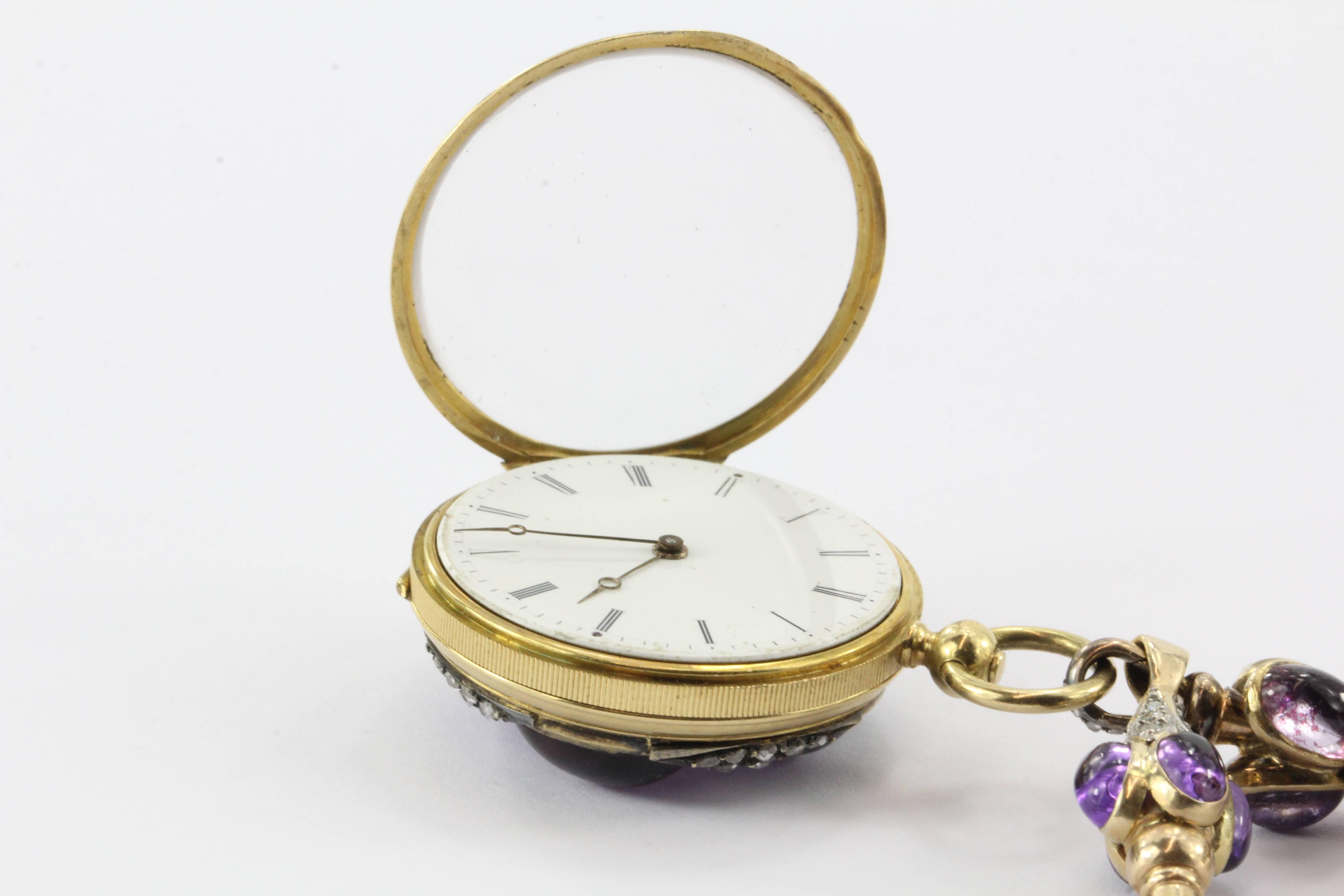 French Gothic Revival Amethyst Rose Cut Diamond Gold Pocket Watch 3