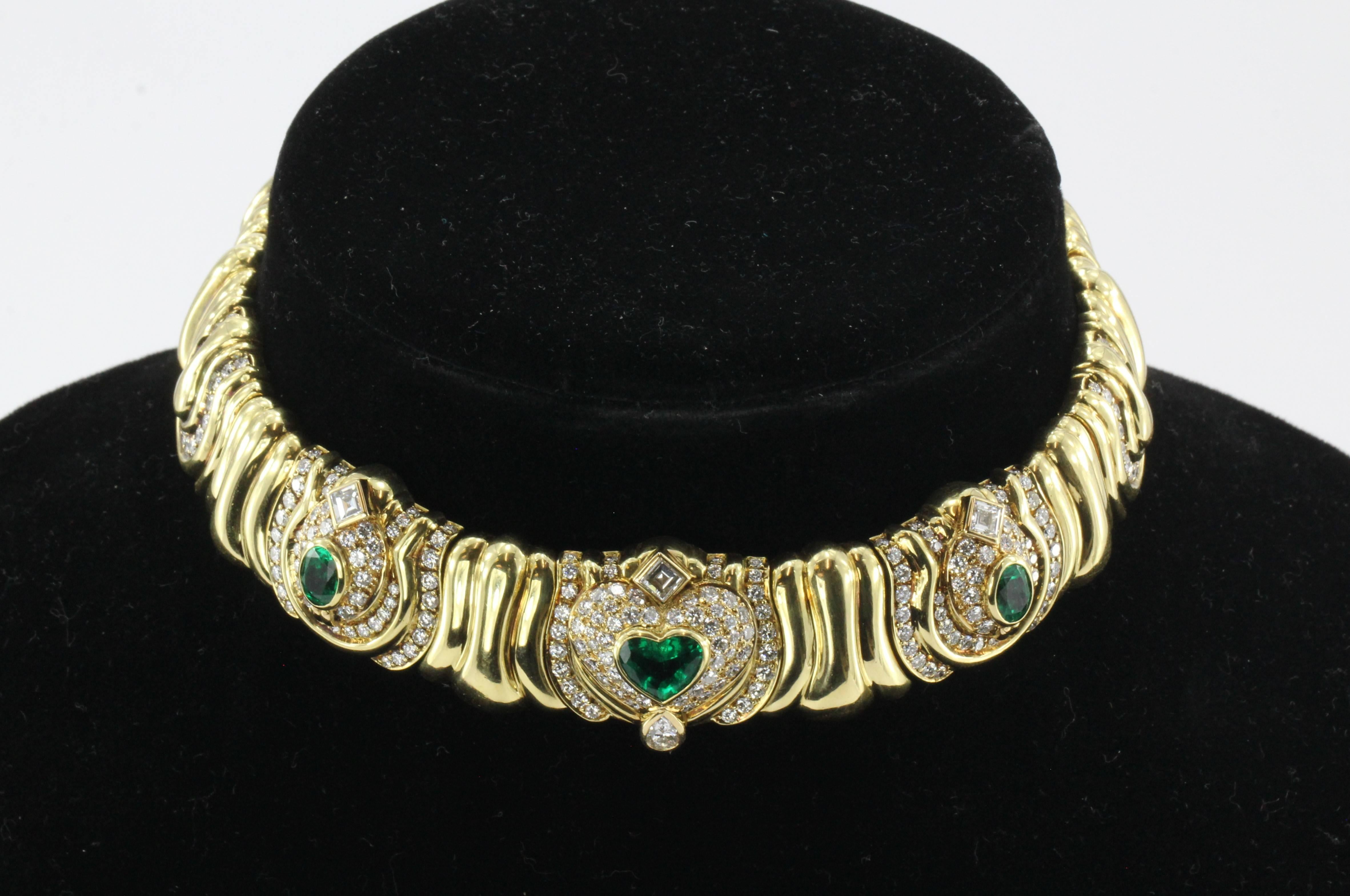 Impressive Italian Emerald Diamond Gold Collar Necklace 3