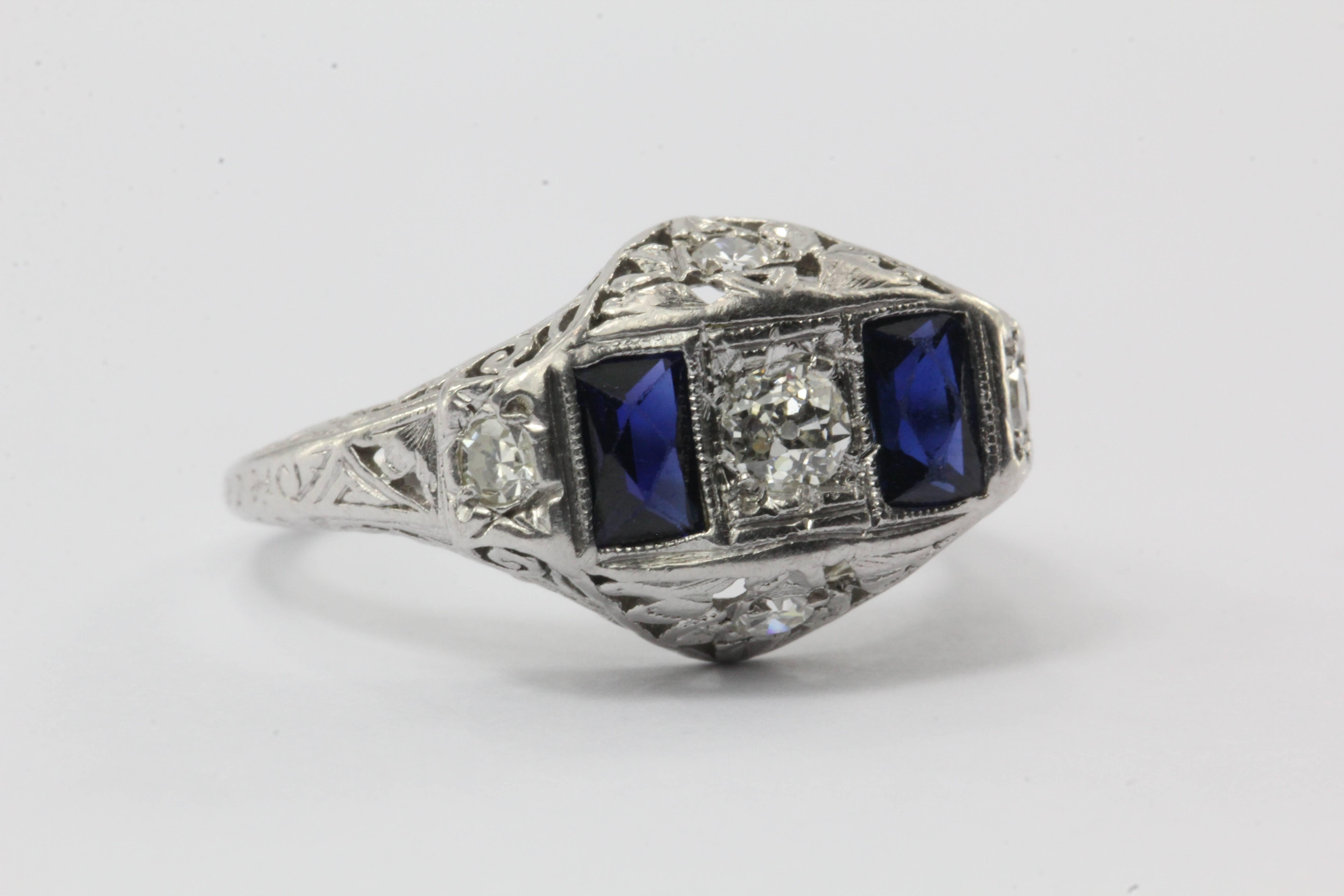 Art Deco Sapphire Old European Diamond Platinum Ring In Excellent Condition In Cape May, NJ