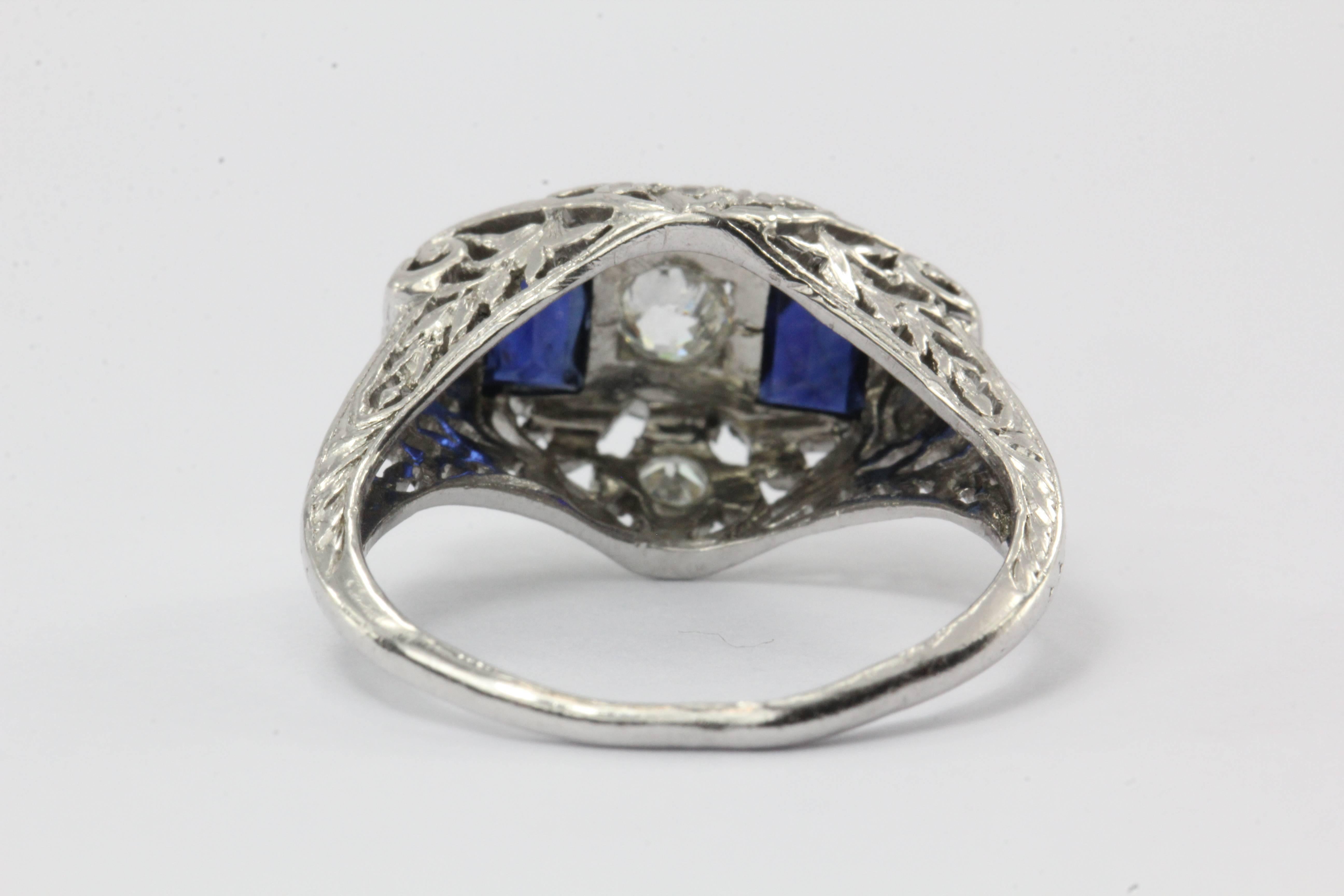 Women's Art Deco Sapphire Old European Diamond Platinum Ring