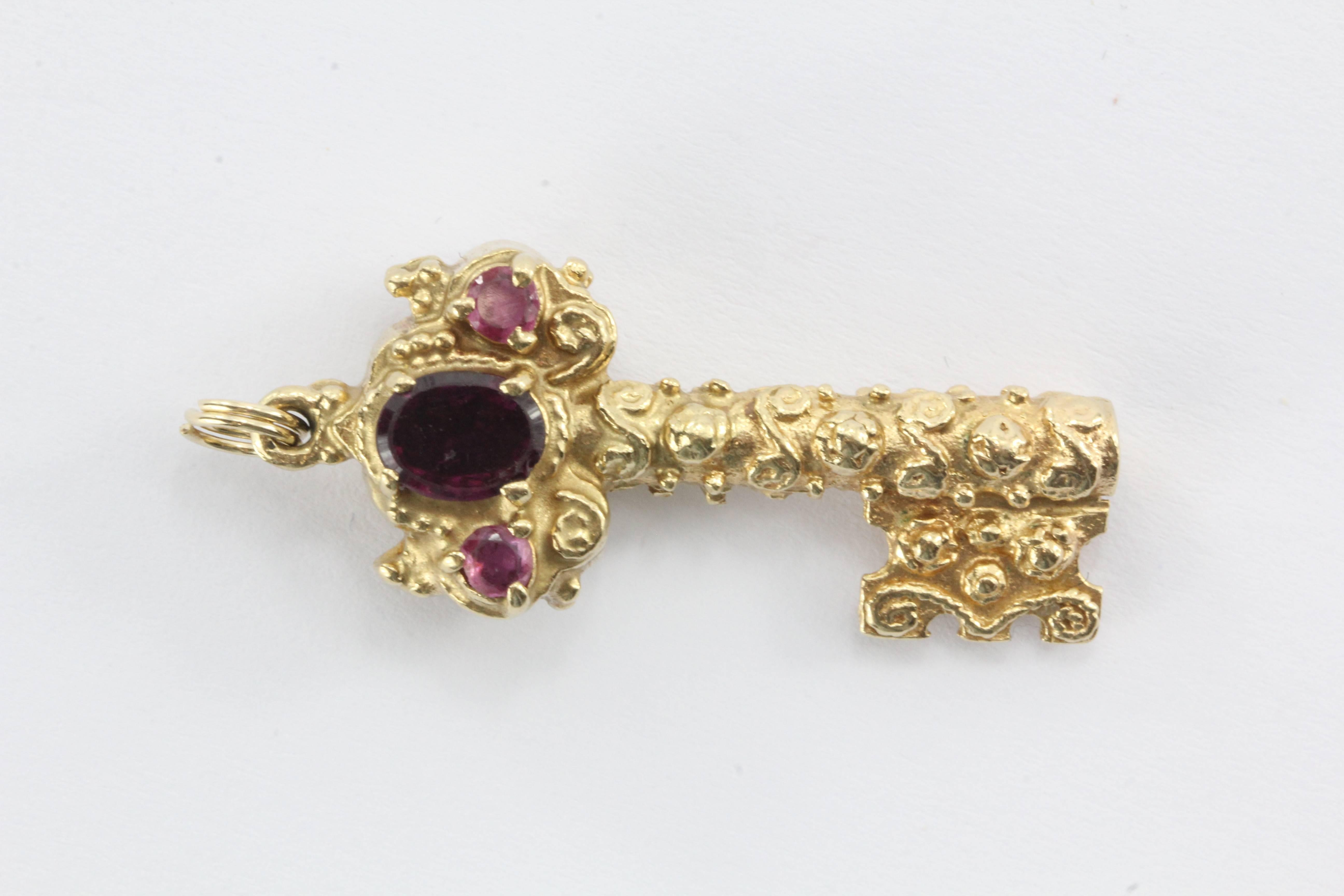 Etruscan Revival 14K Gold Garnet and Ruby Etruscan Key Pendant / Charm