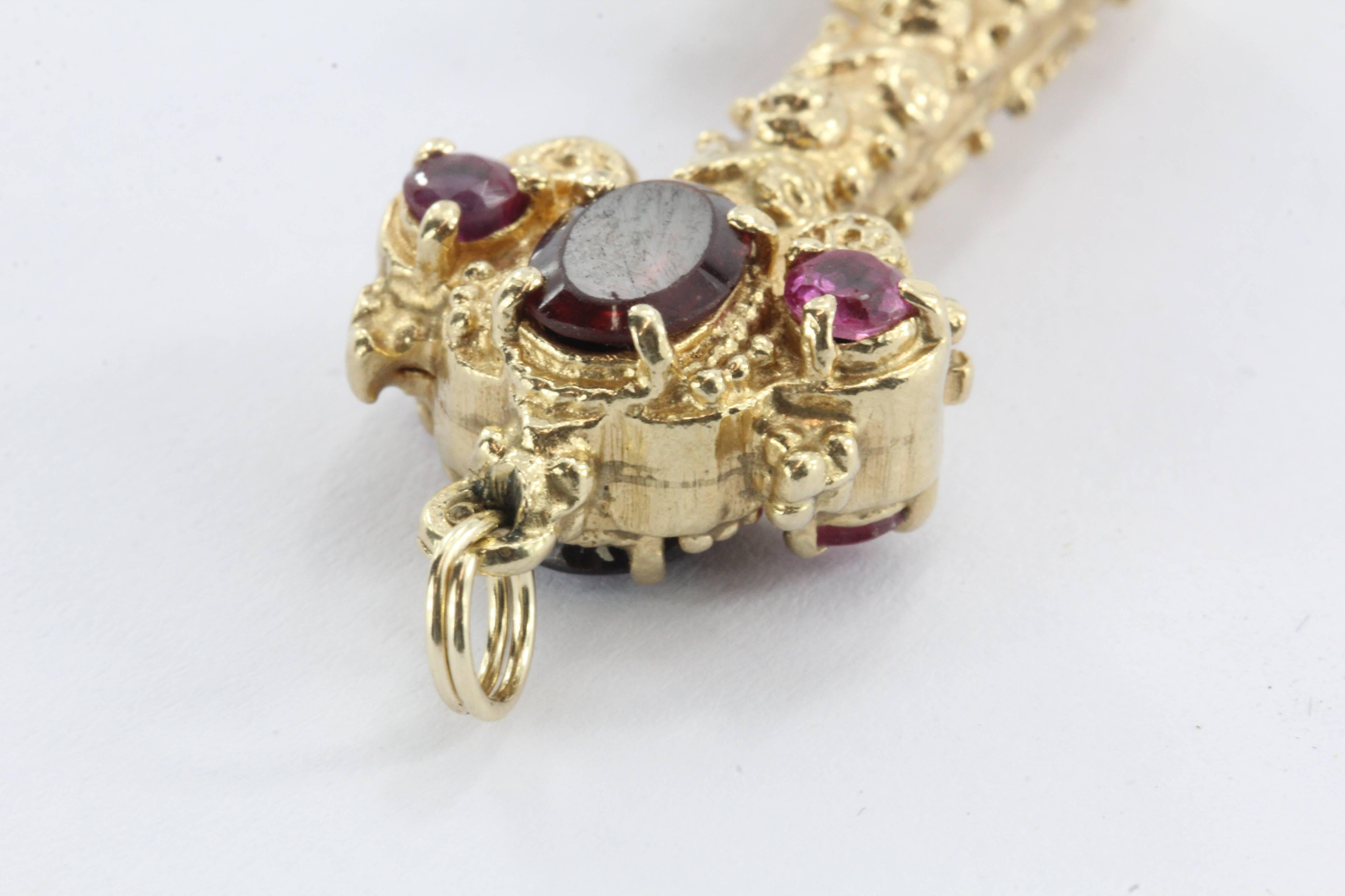 Women's 14K Gold Garnet and Ruby Etruscan Key Pendant / Charm