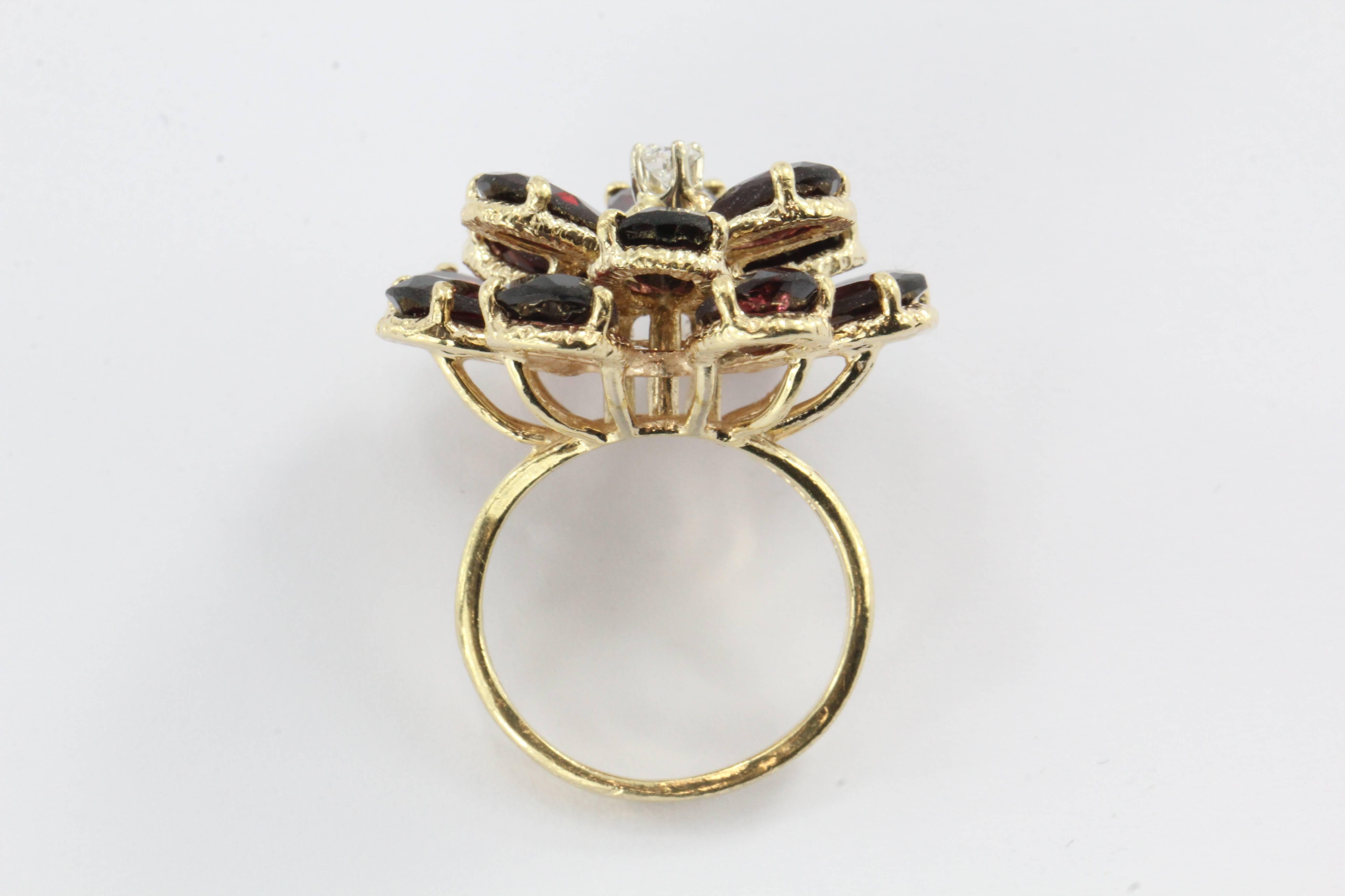 Retro Chunky 14K Gold Floral Flower Garnet and Diamond Ring 1