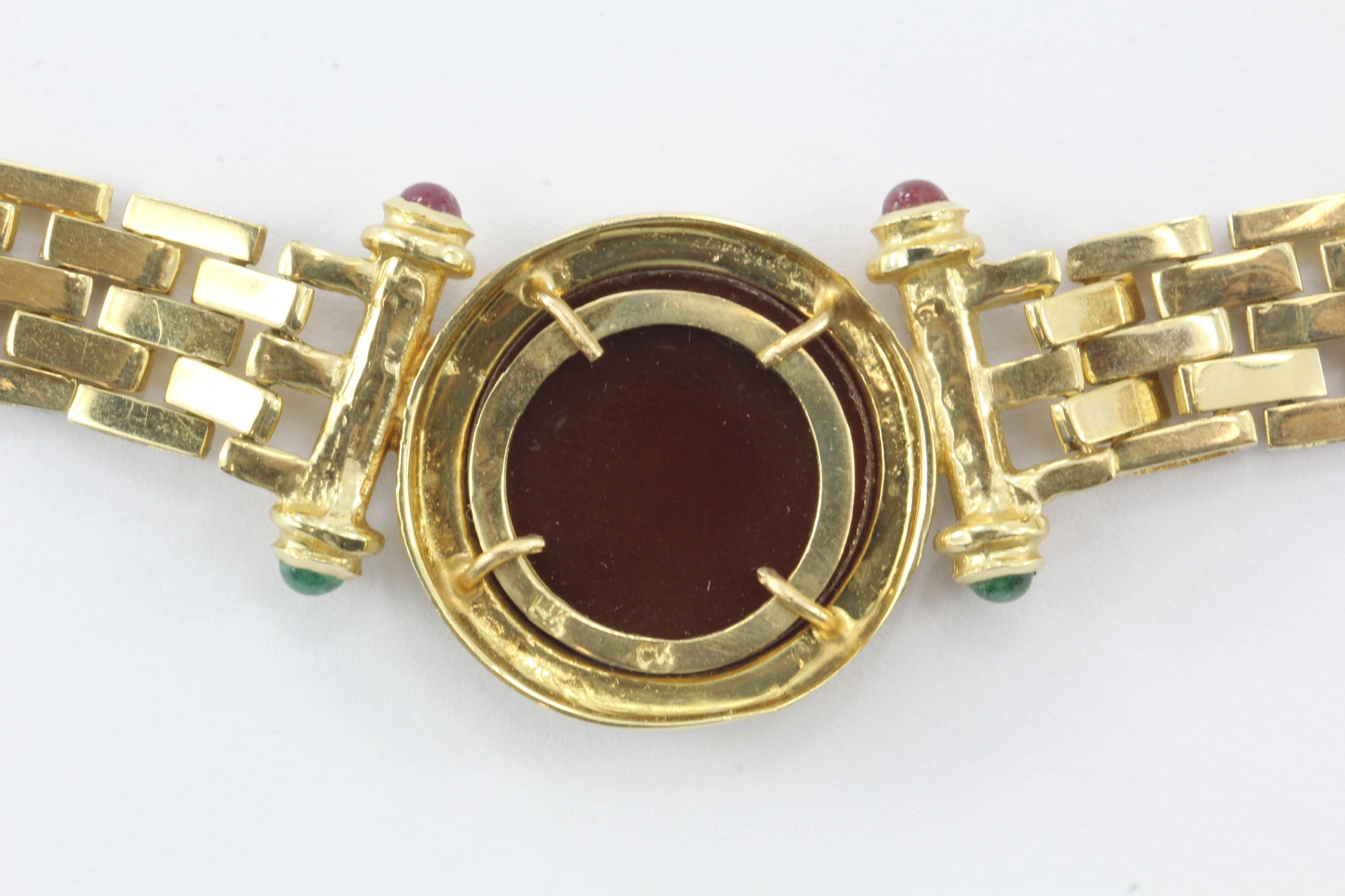 Greek Revival Carnelian Emerald Ruby Diamond Gold Greek Warrior Necklace