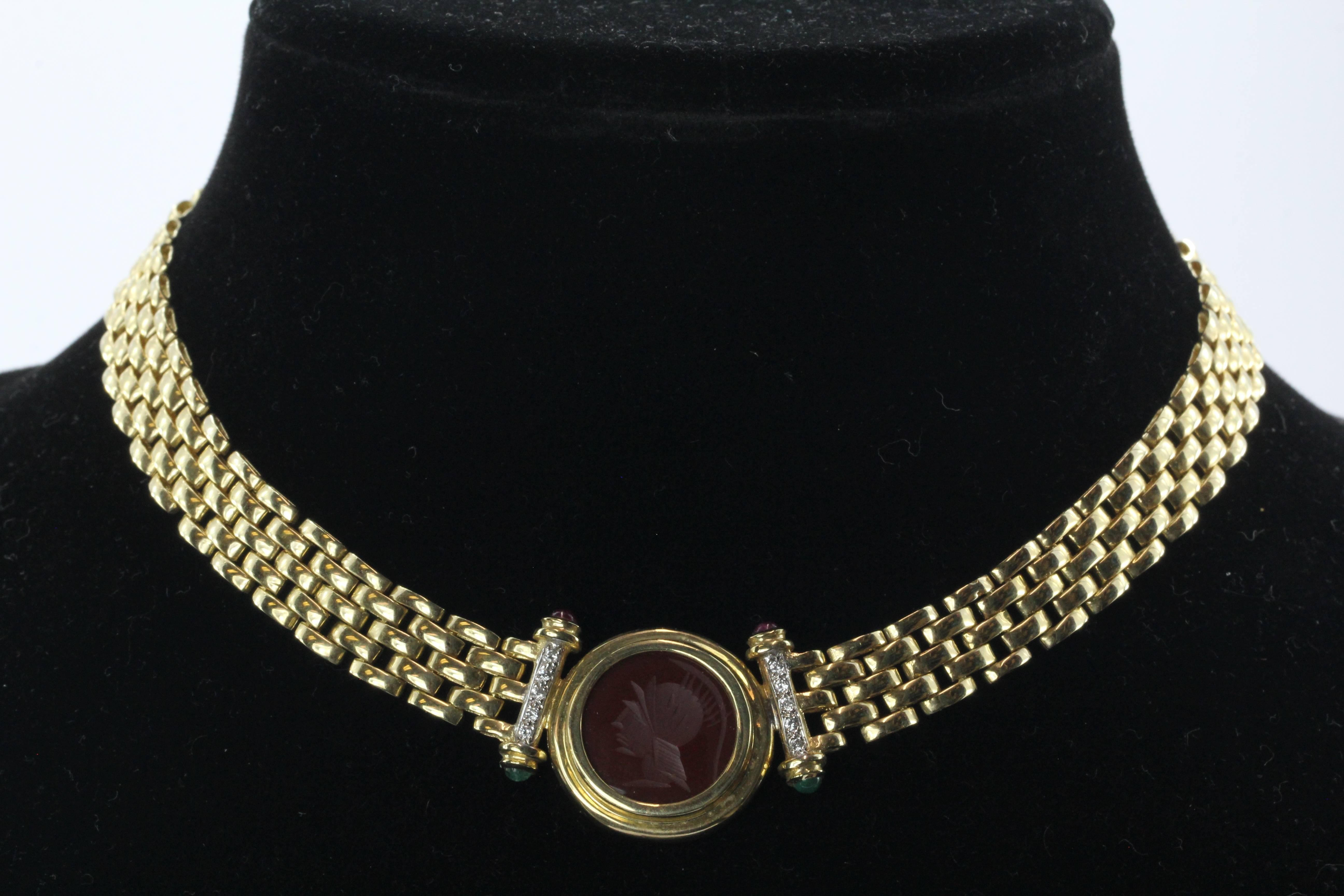 Carnelian Emerald Ruby Diamond Gold Greek Warrior Necklace 3