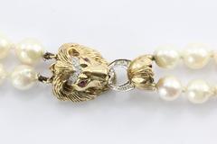 14K Gold Diamond Ruby Lion Head Double Strand Pearl Necklace
