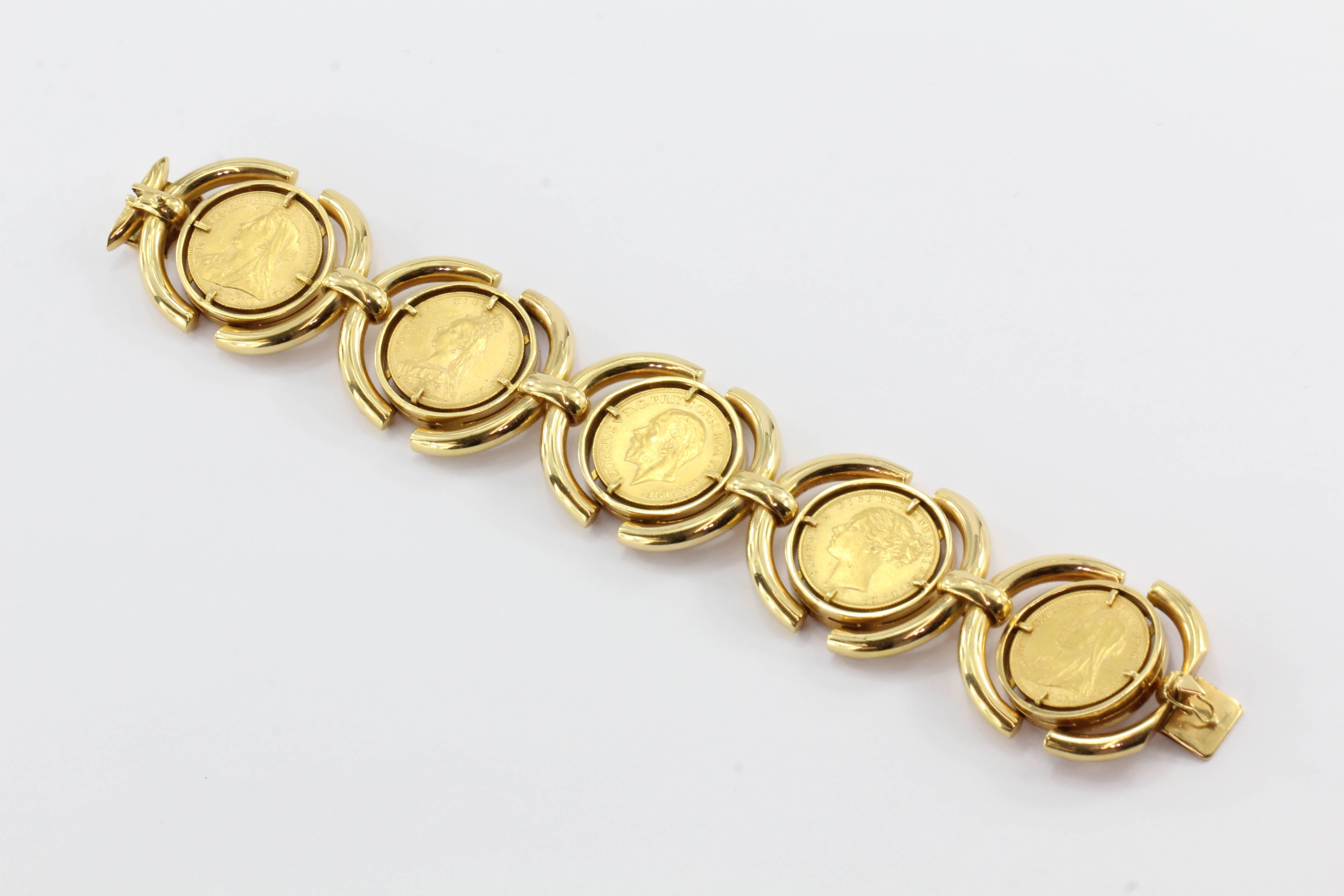 18k Gold Chunky British Gold Sovereign Coin Bracelet. The piece is in excellent estate condition and ready to wear. It is set with five 22K gold British Sovereigns. The bracelet is hallmarked 