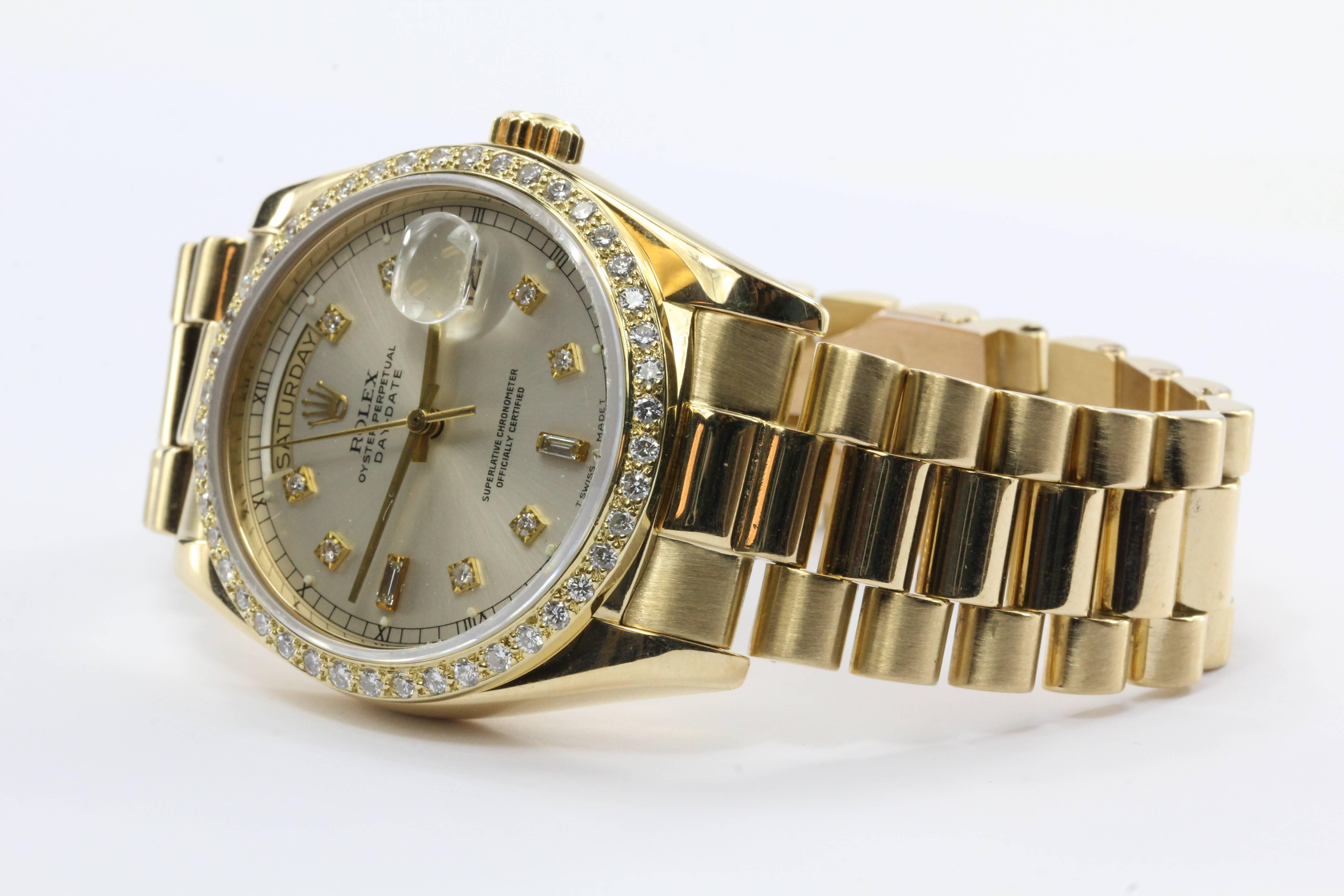 Rolex President Solid 18k Yellow Gold Original Diamonds Dial & Bezel. The watch is in excellent gently used estate condition and ready to wear. It was just serviced 11/18/16. The watch comes with its original box. 

Rolex President 18038 Featuring
