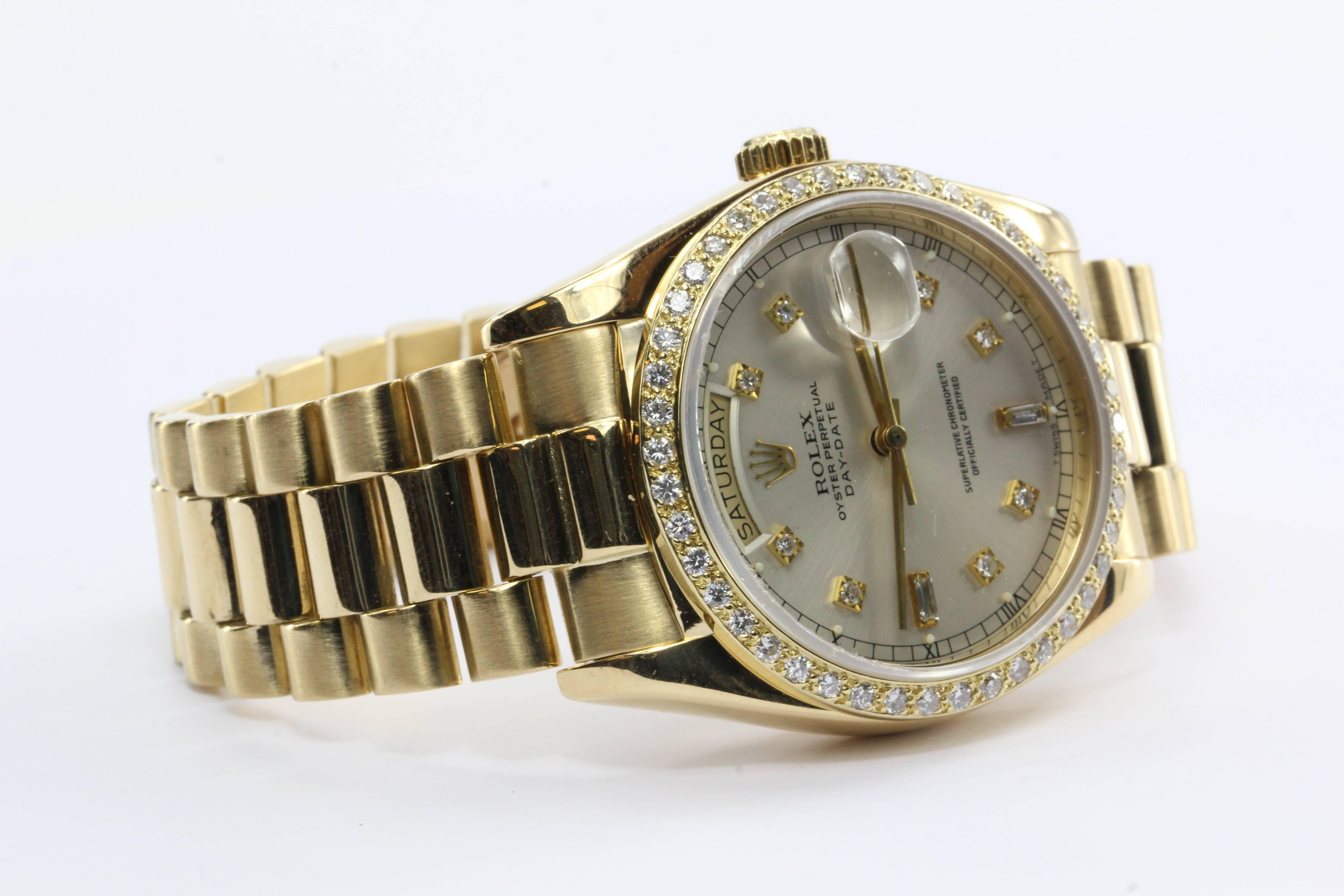 Rolex President Solid 18k Yellow Gold Original Diamond Dial and Bezel In Excellent Condition In Cape May, NJ