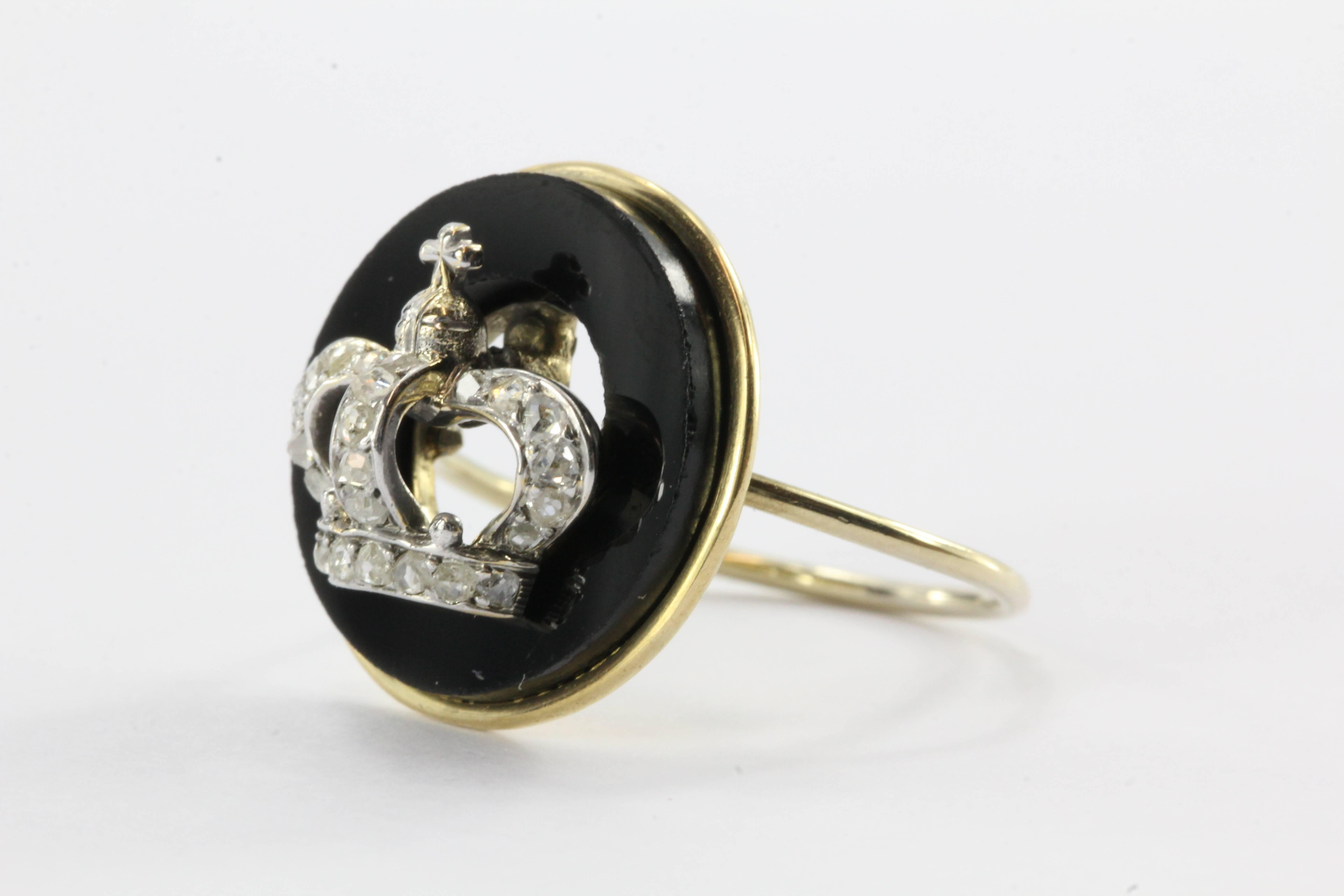 Victorian 18K Rose Cut Diamond & Onyx Royal Crown Signet Conversion Ring. The ring is in excellent estate condition and ready to wear. It was professionally converted from a hat pin to a ring. The ring band is made of 10K yellow gold. The cap is 18K