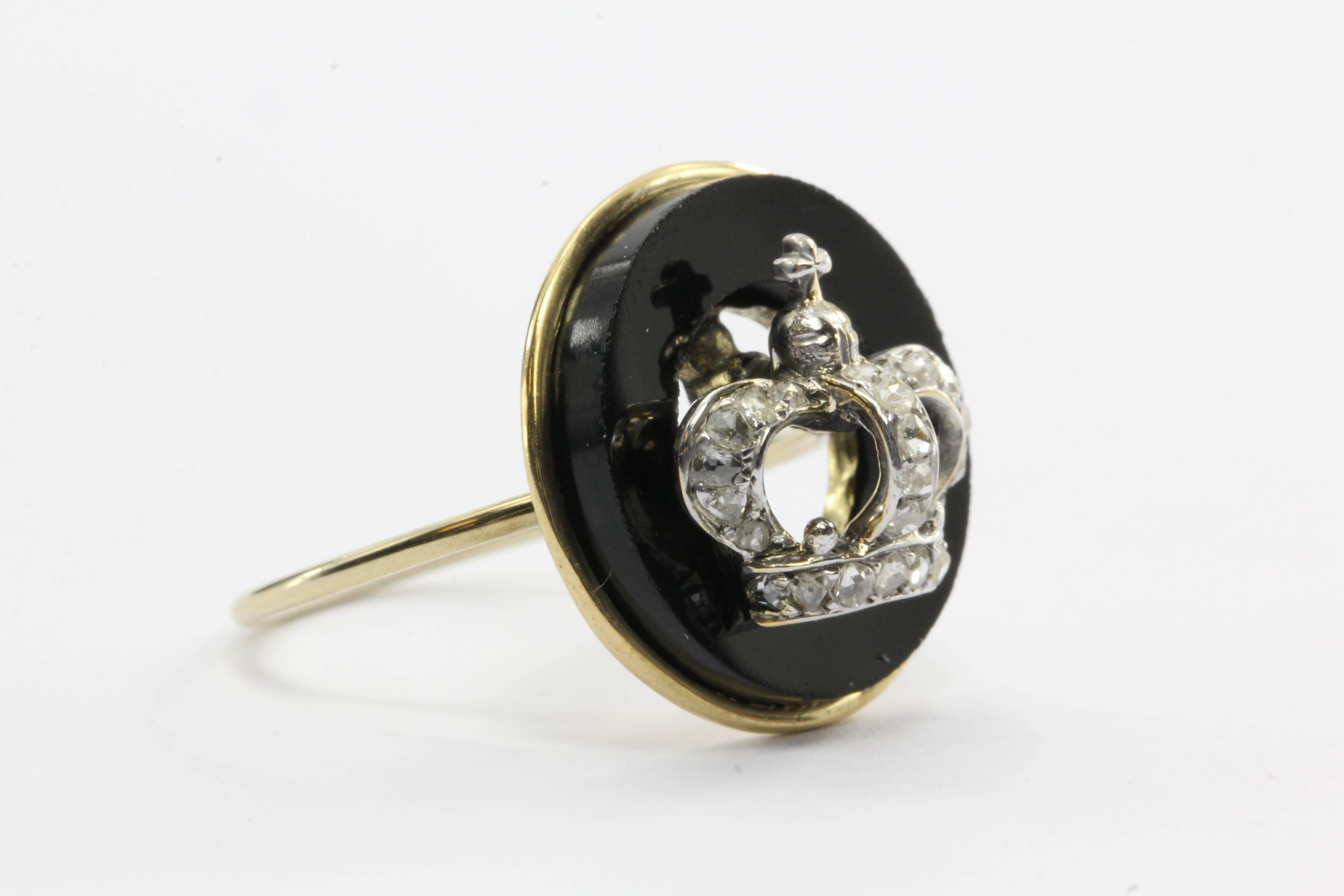 Victorian 18K Rose Cut Diamond and Onyx Royal Crown Signet Conversion Ring In Excellent Condition In Cape May, NJ