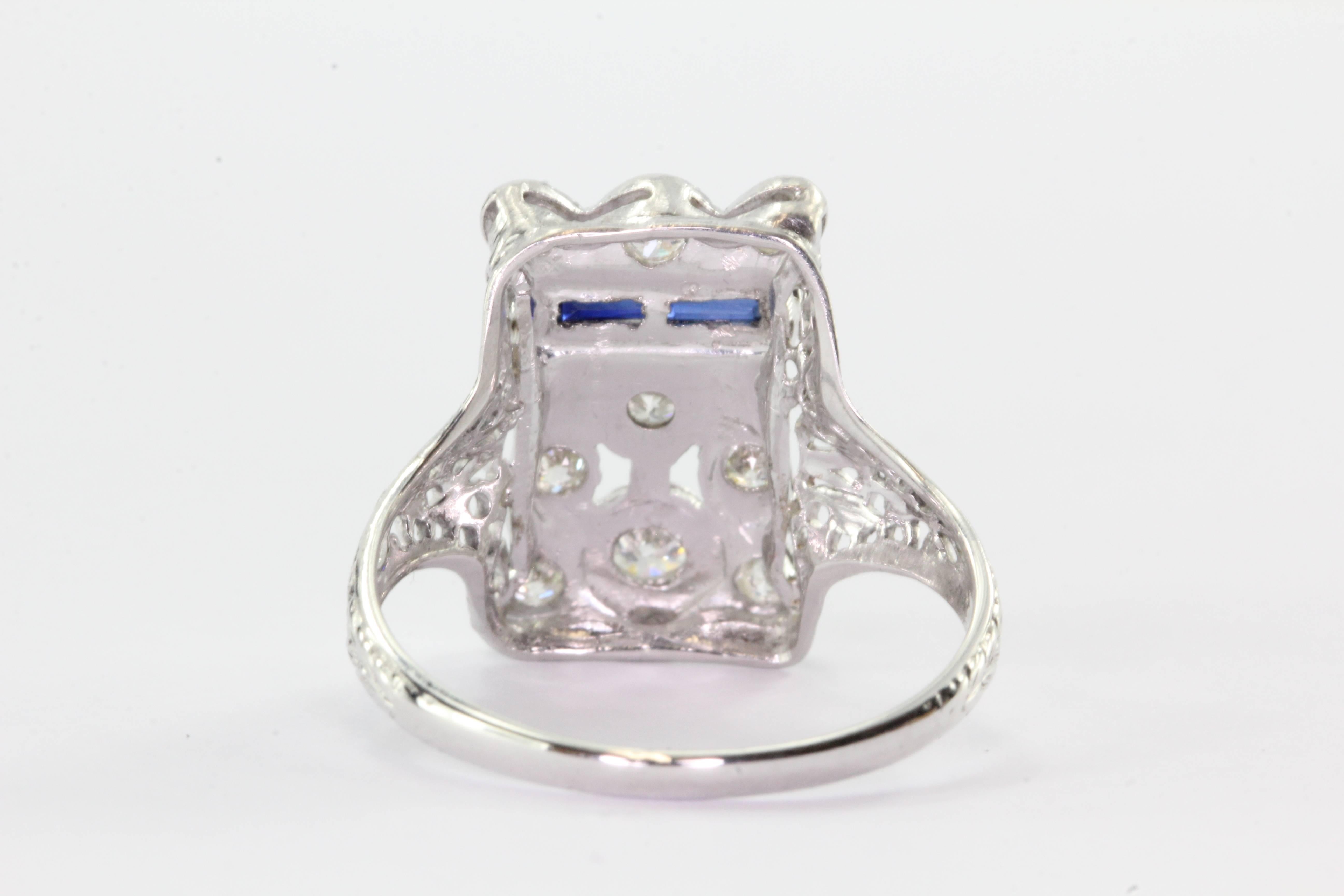 Art Deco 14K White Gold Belais Diamond and Sapphire Ring In Excellent Condition In Cape May, NJ