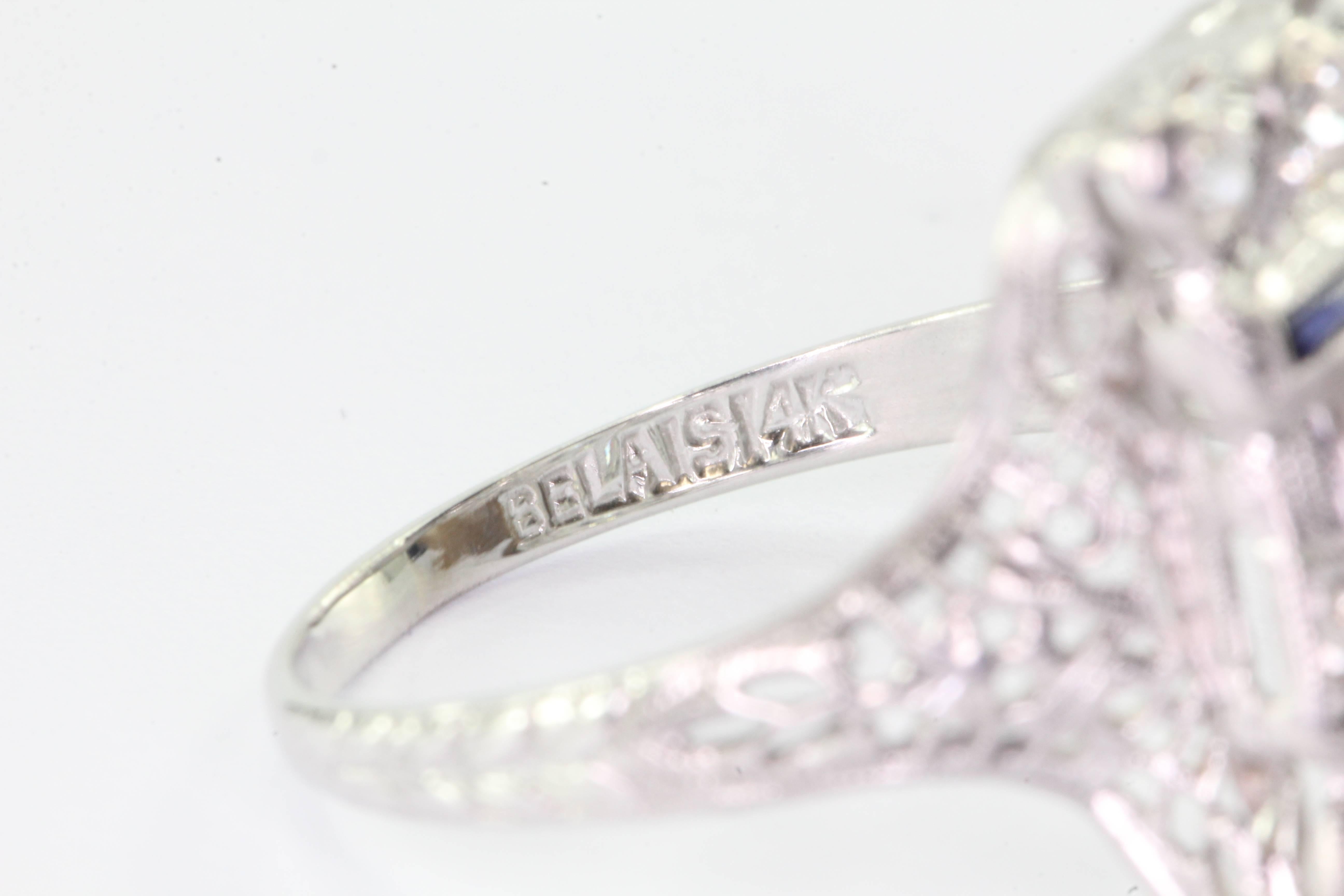Art Deco 14K White Gold Belais Diamond and Sapphire Ring 1