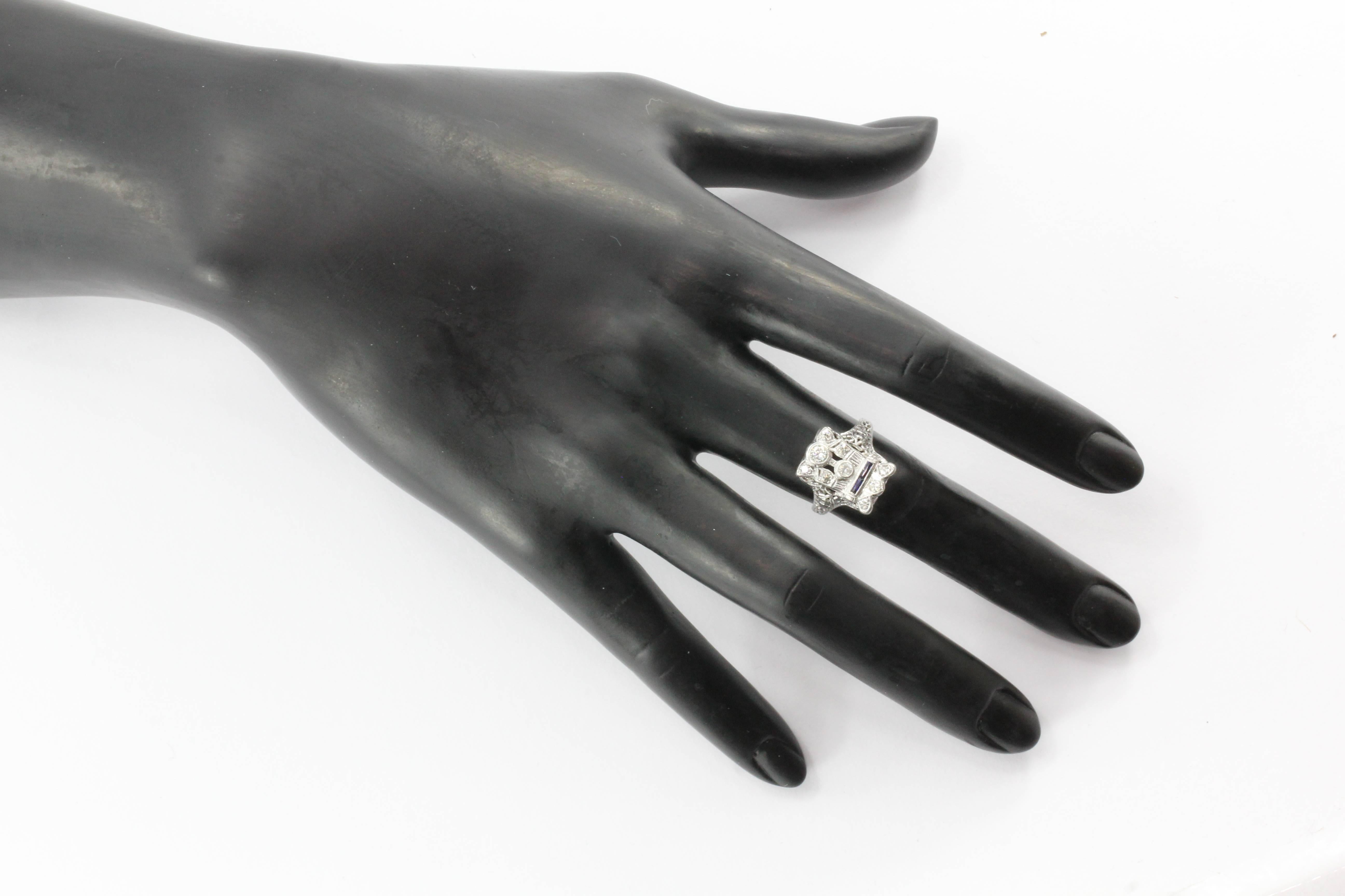 Art Deco 14K White Gold Belais Diamond and Sapphire Ring 2