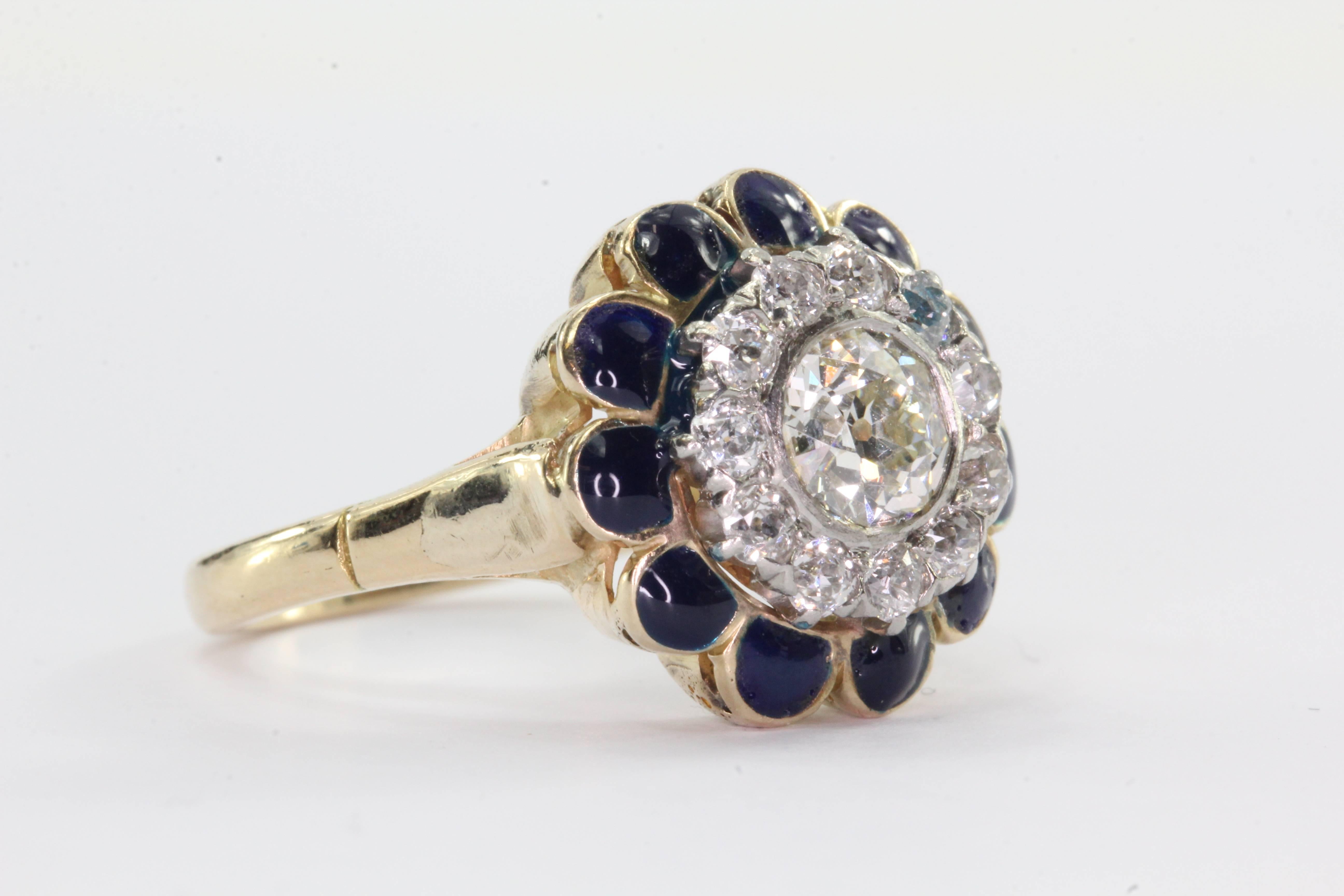 Art Deco 14K Gold Old European Cut Diamond and Blue Enamel Ring In Excellent Condition In Cape May, NJ