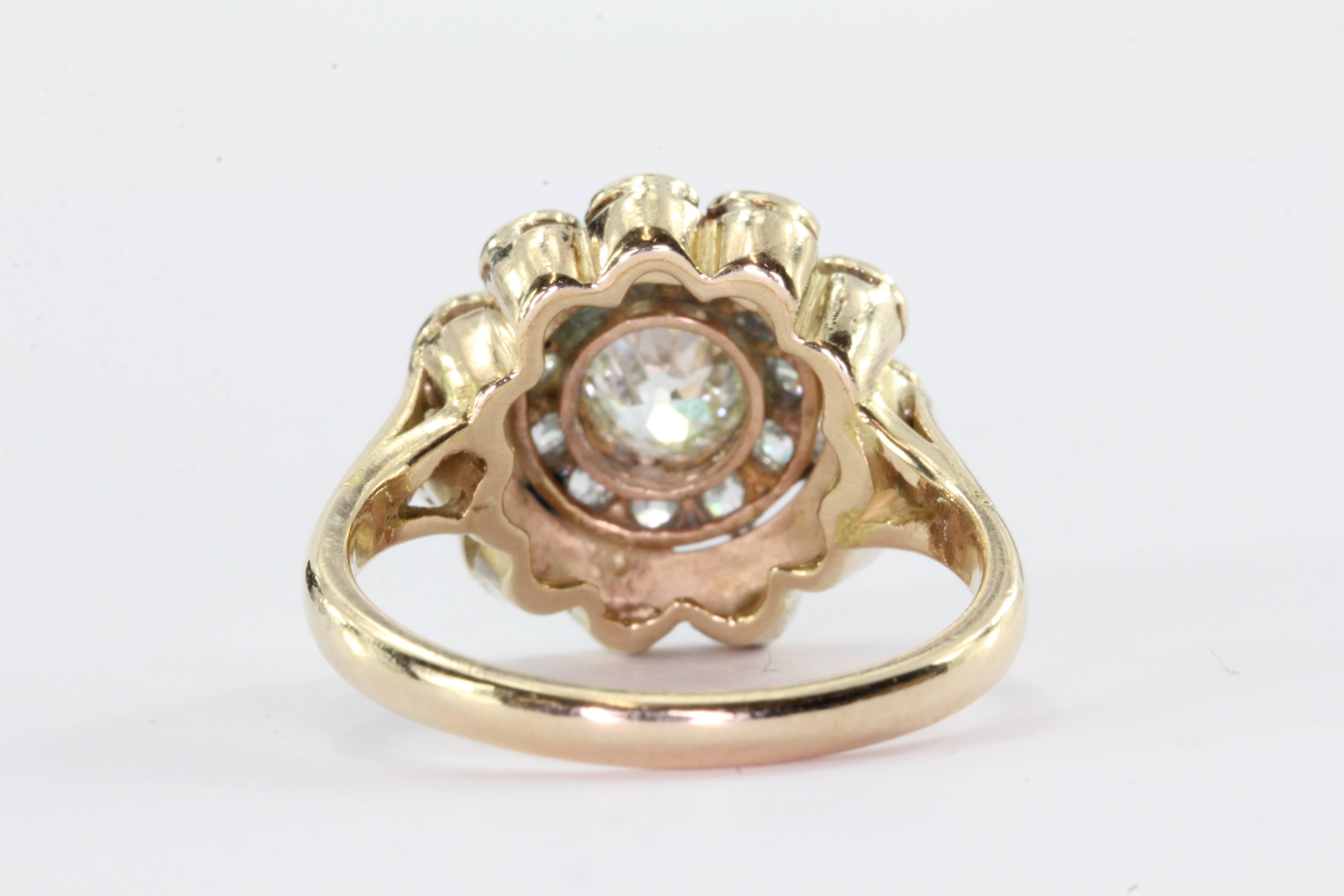 Women's Art Deco 14K Gold Old European Cut Diamond and Blue Enamel Ring