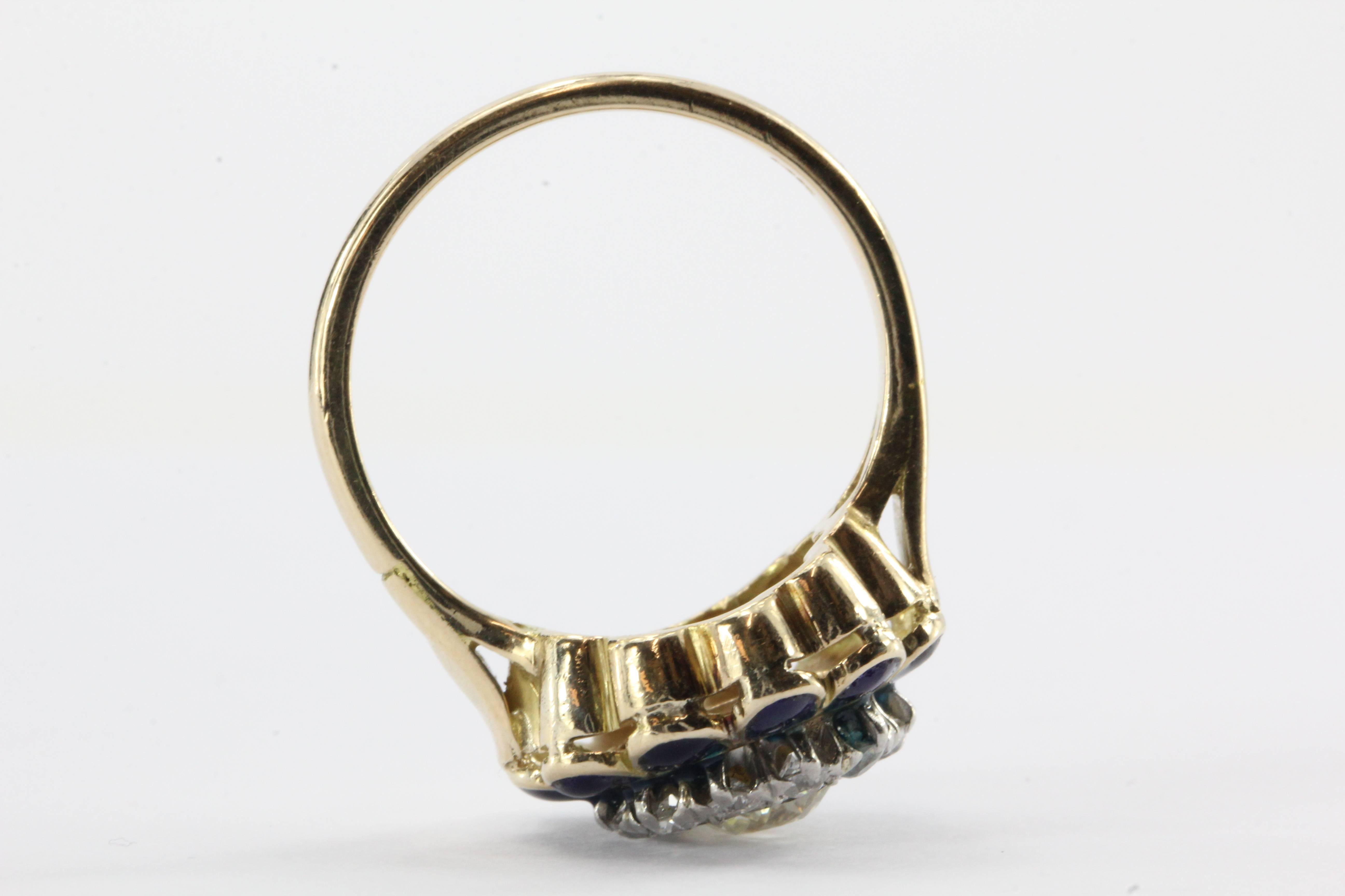 Art Deco 14K Gold Old European Cut Diamond and Blue Enamel Ring 1